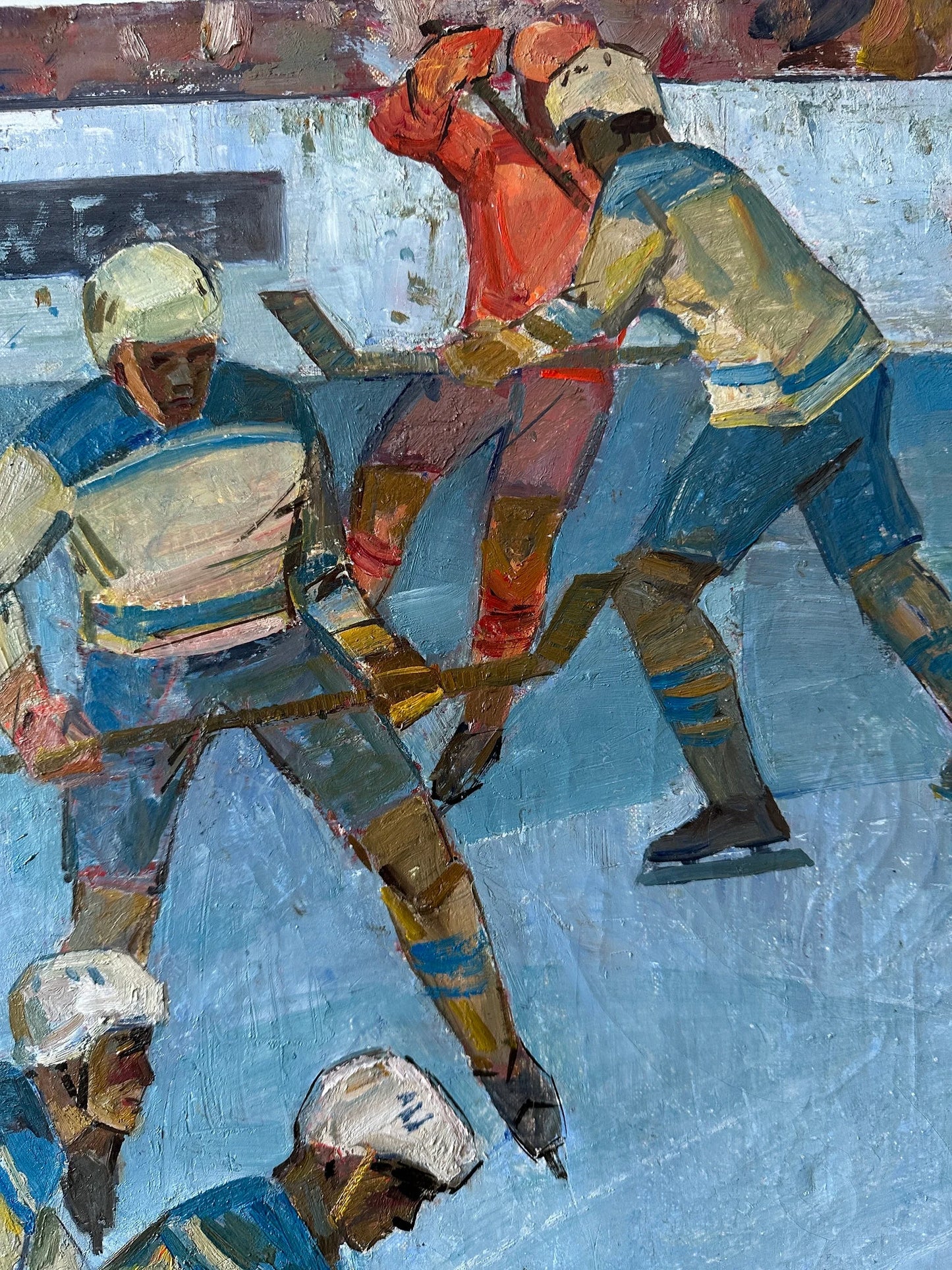 VINTAGE PAINTING, oil painting, socialist realism, wall art, genre painting, Hockey, Duel, Competition, artist V. Belov