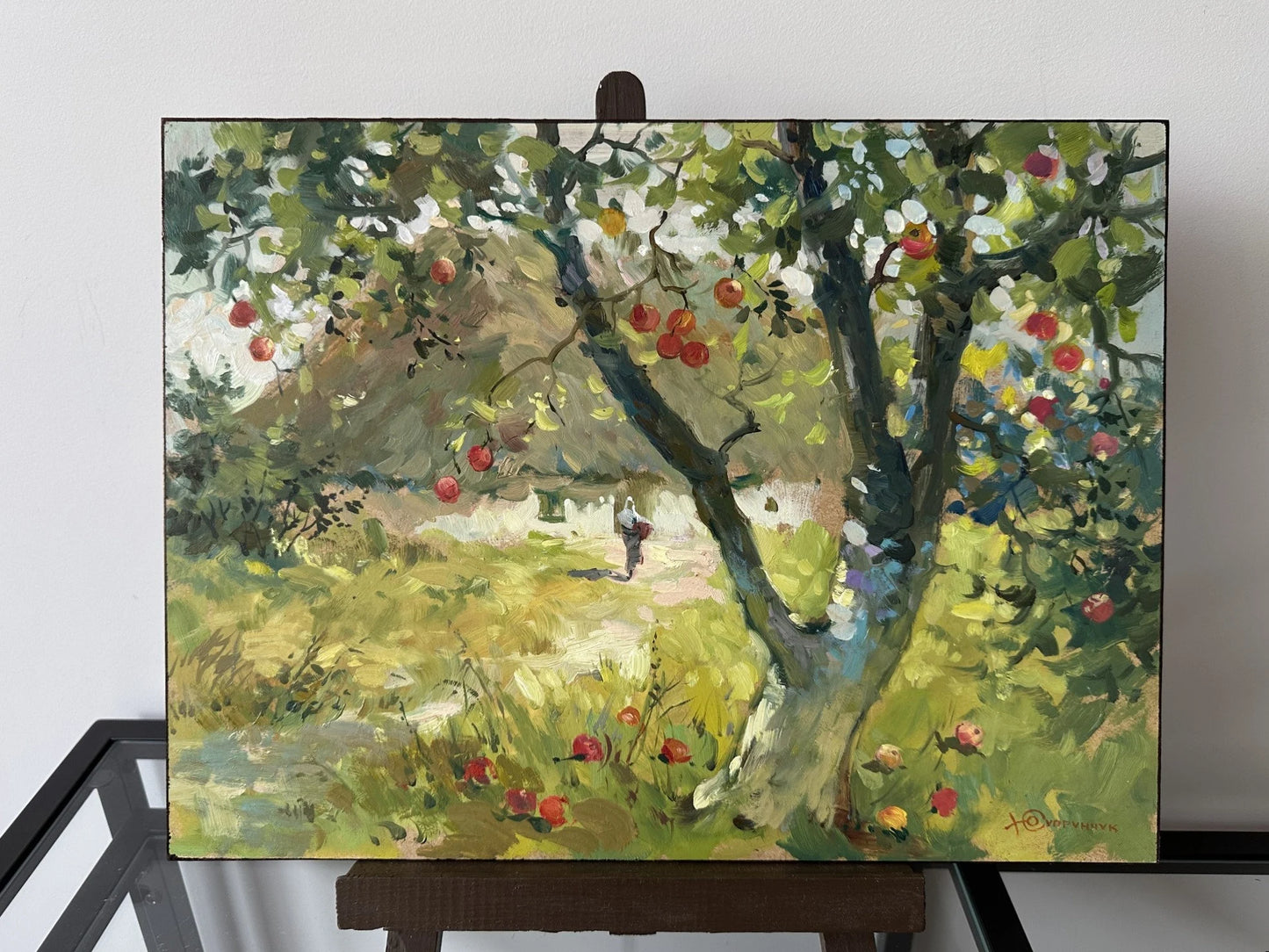 Original oil painting, ukrainian painting, vintage, wall art, landscape, Apple orchard, Home garden, artist Y. Suprunchuk