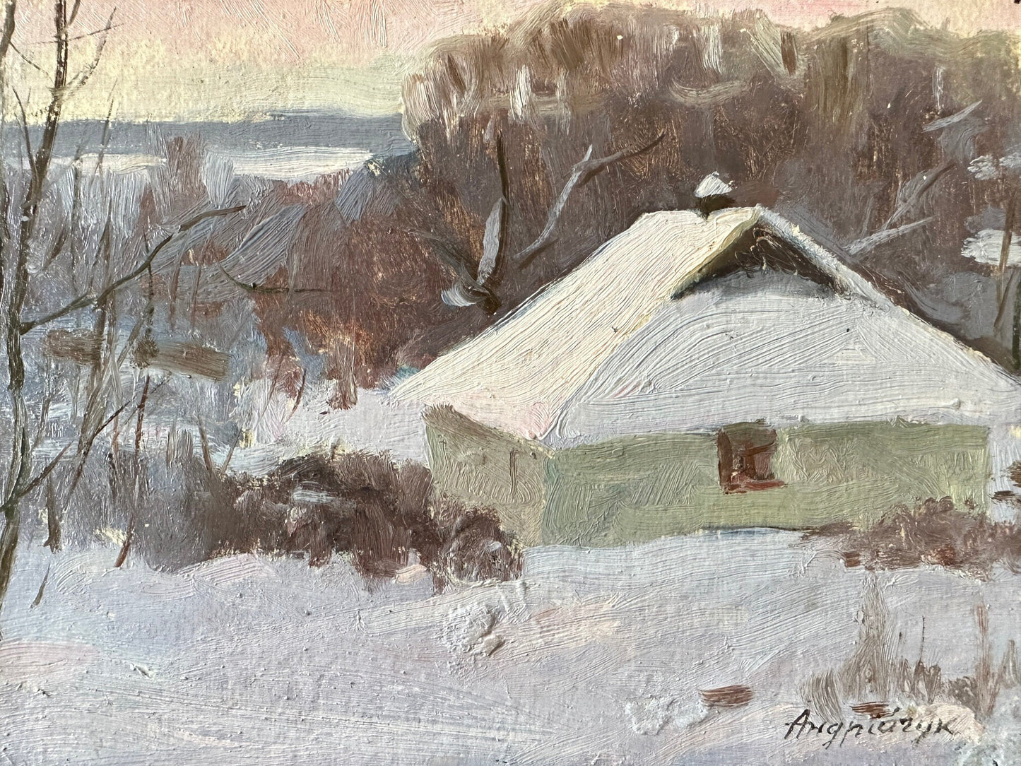 Original painting, ukrainian painting, vintage, wall art, impressionism, landscape, Winter day, artist M. Andriychuk