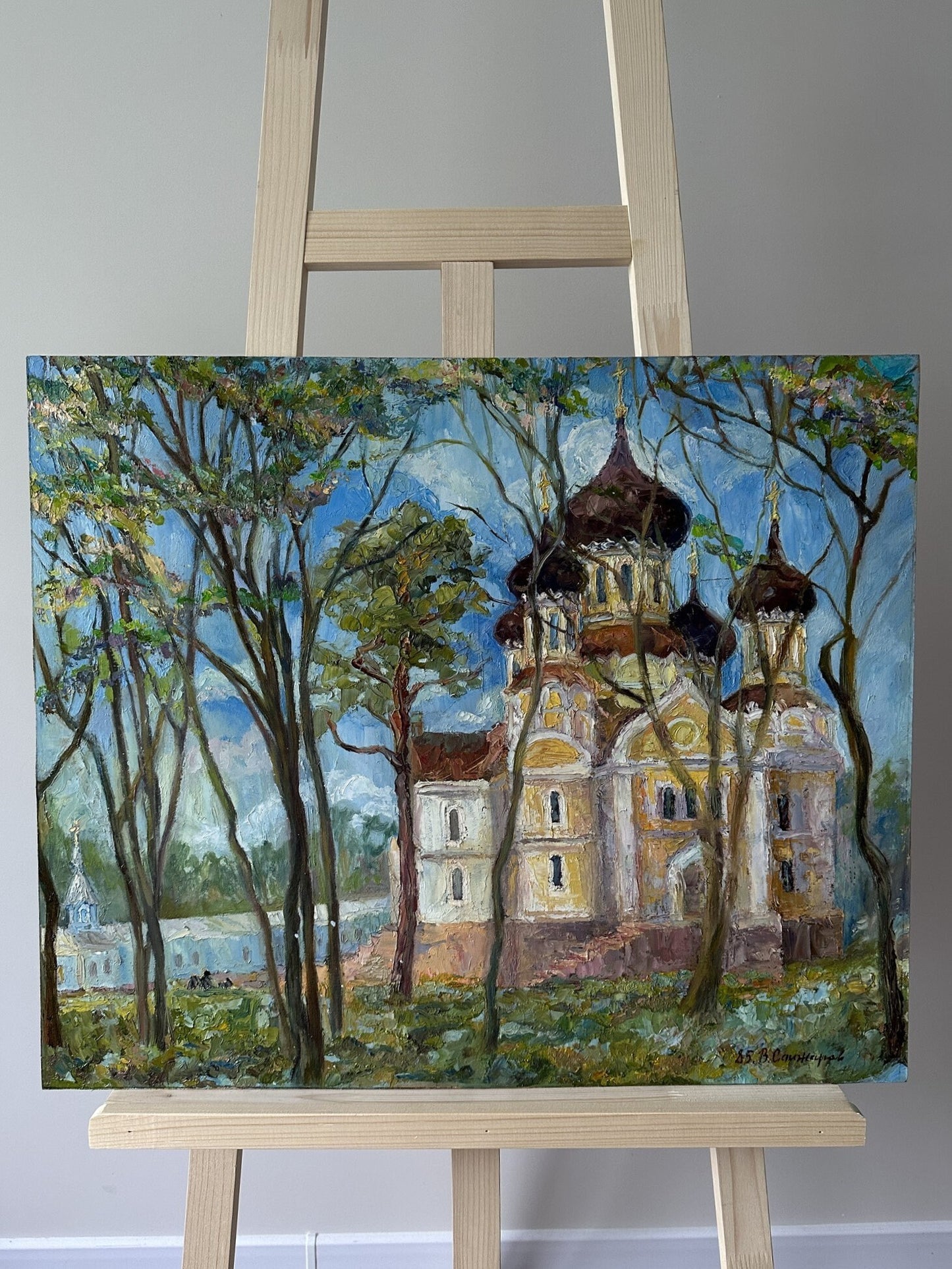 VINTAGE ORIGINAL PAINTING, oil painting, vintage realism, impressionism, landscape, Church in the village, artist V. Sanzharov