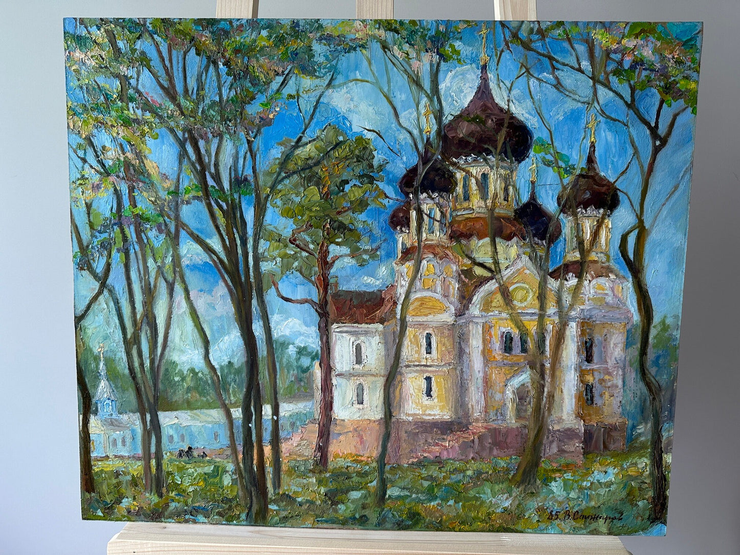 VINTAGE ORIGINAL PAINTING, oil painting, vintage realism, impressionism, landscape, Church in the village, artist V. Sanzharov