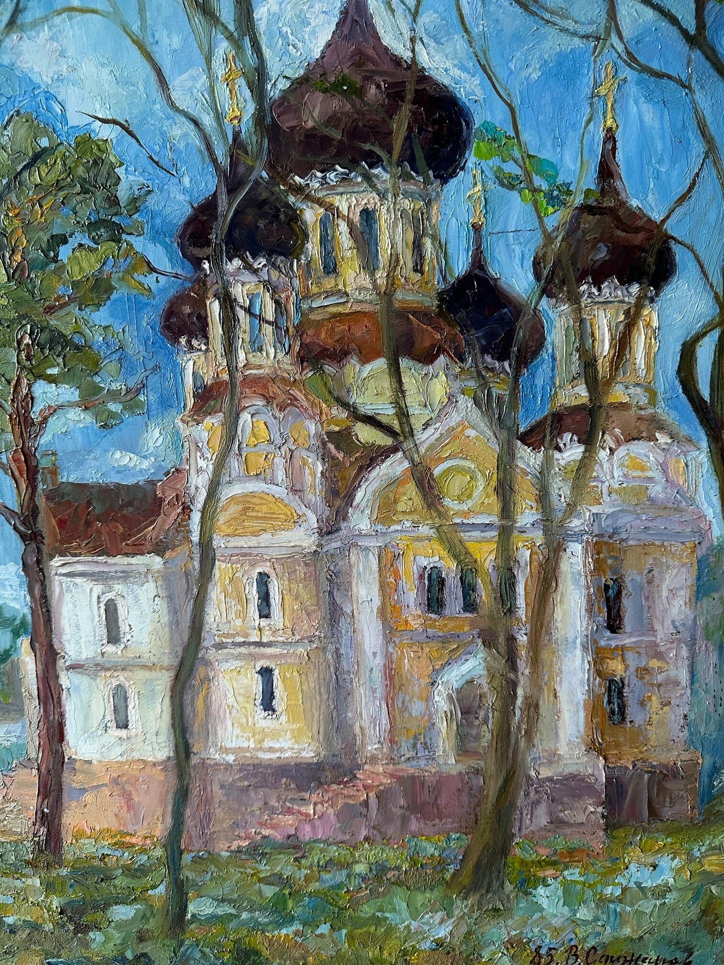 VINTAGE ORIGINAL PAINTING, oil painting, vintage realism, impressionism, landscape, Church in the village, artist V. Sanzharov