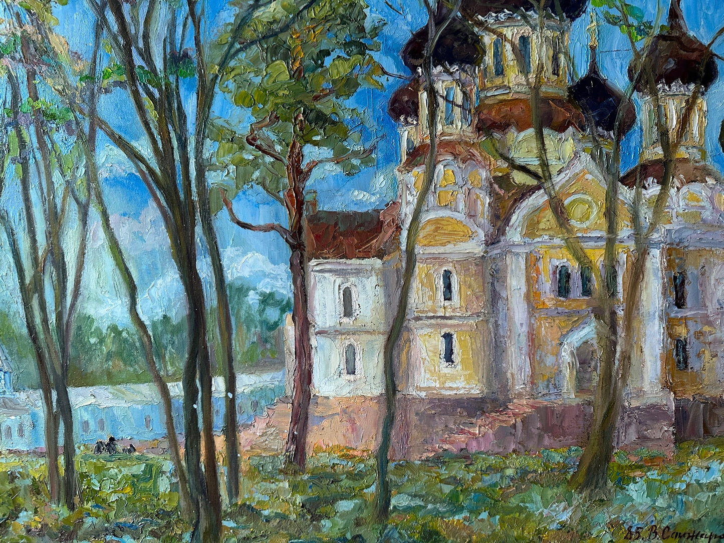 VINTAGE ORIGINAL PAINTING, oil painting, vintage realism, impressionism, landscape, Church in the village, artist V. Sanzharov