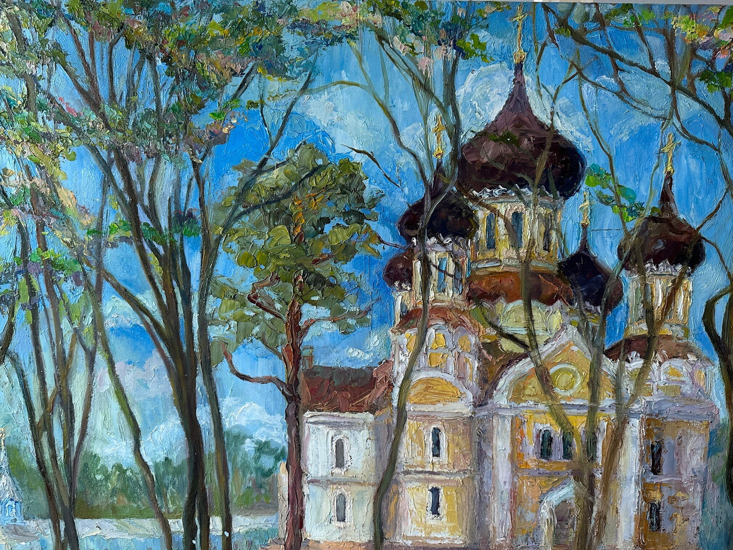 VINTAGE ORIGINAL PAINTING, oil painting, vintage realism, impressionism, landscape, Church in the village, artist V. Sanzharov