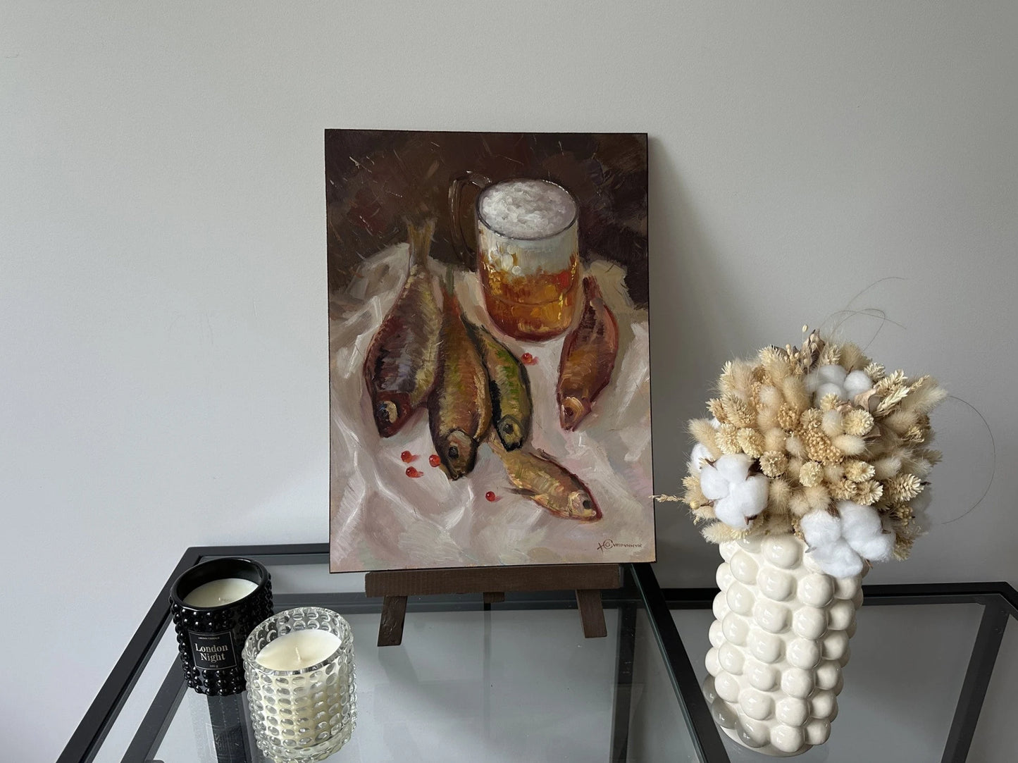 Original painting, gift for her, handmade painting, wall painting, still life, Beer and dried fish, artist Y. Suprunchuk