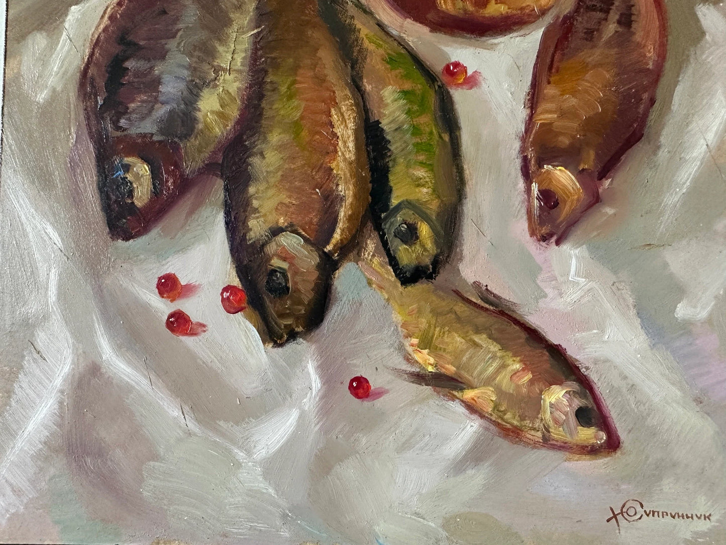 Original painting, gift for her, handmade painting, wall painting, still life, Beer and dried fish, artist Y. Suprunchuk