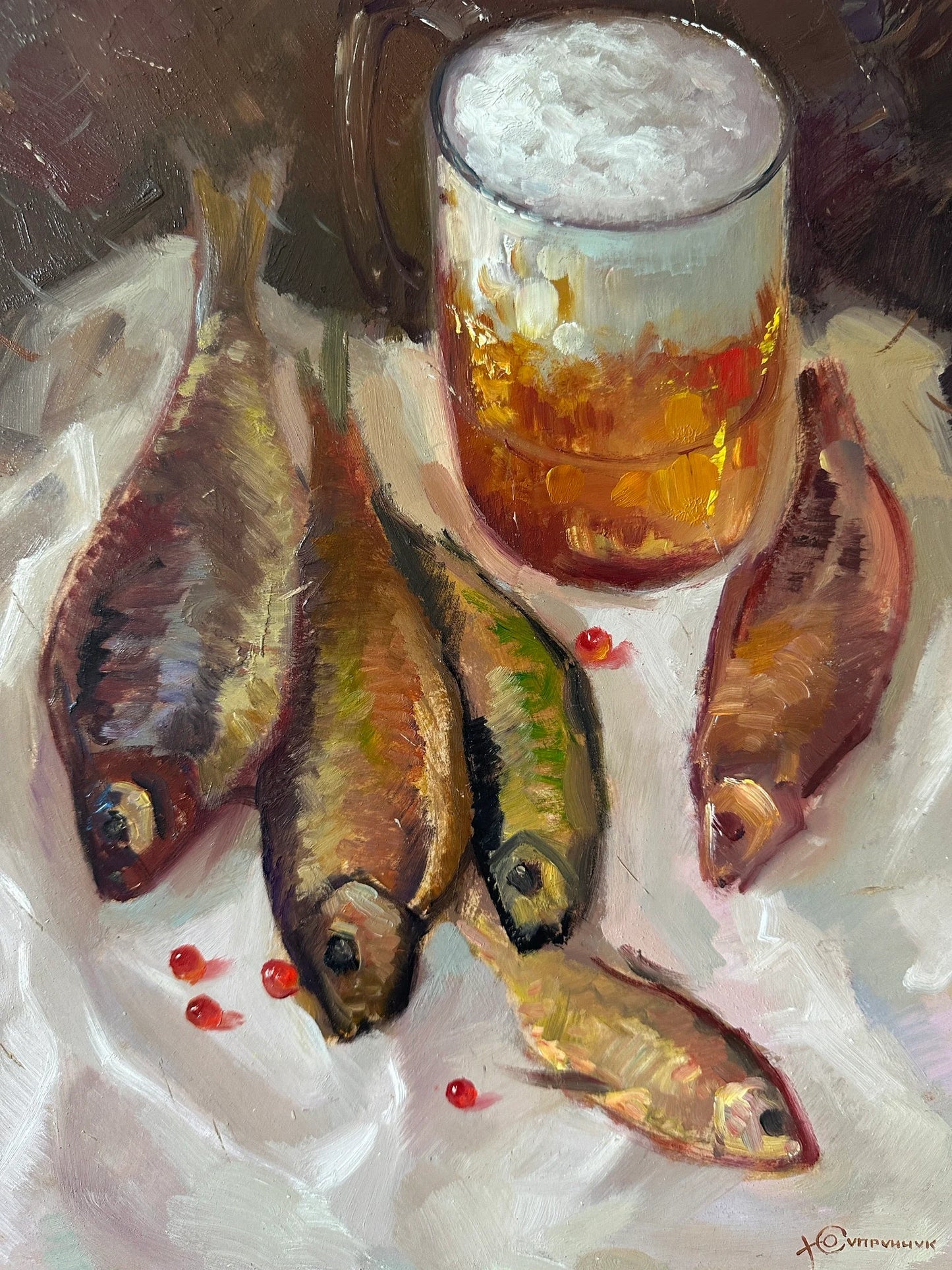 Original painting, gift for her, handmade painting, wall painting, still life, Beer and dried fish, artist Y. Suprunchuk