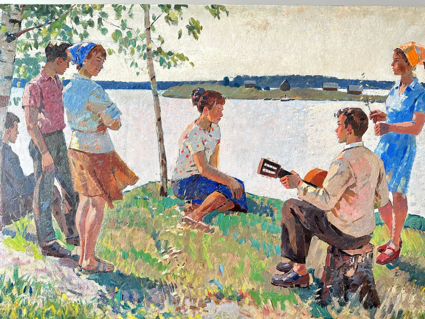 VINTAGE PAINTING, oil painting, socialist realism, wall painting, genre painting, Rest, On the river bank, artist G. Shponko