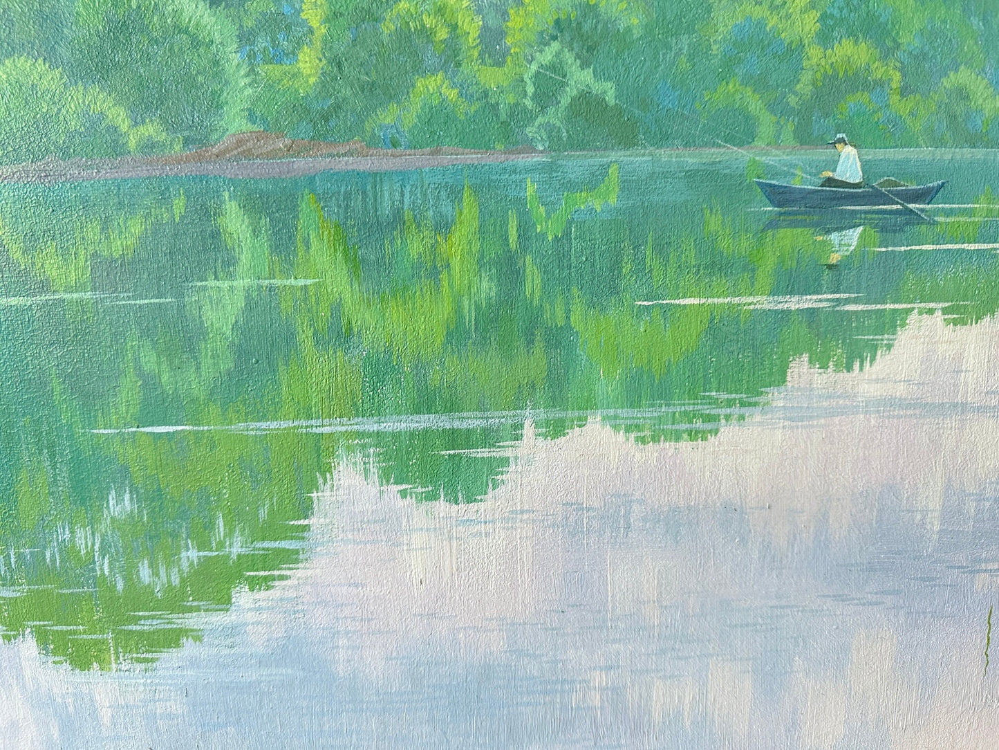 VINTAGE ORIGINAL PAINTING, oil painting, vintage realism, impressionism, landscape, Spring morning, Fishing, artist V. Savenets