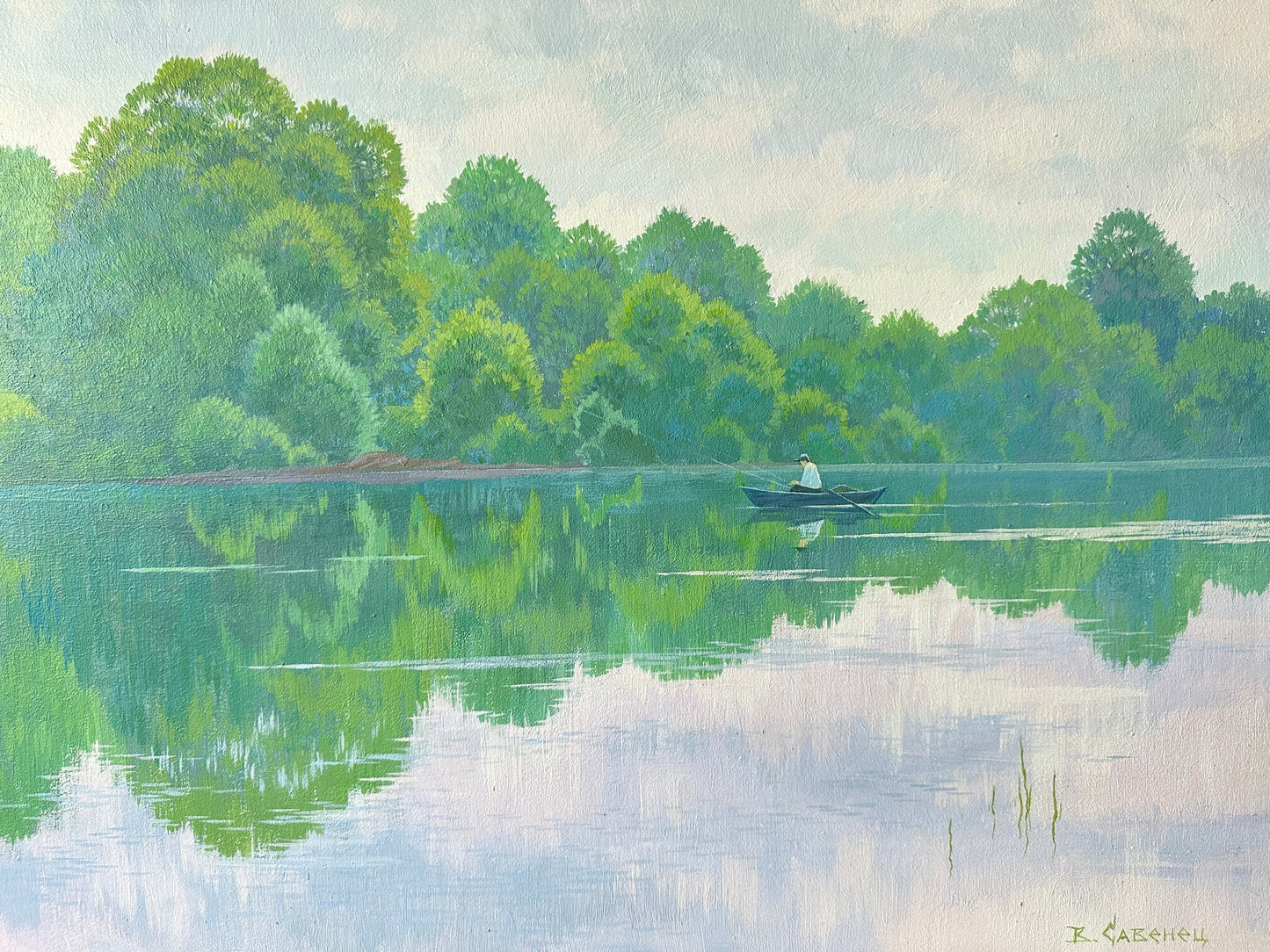 VINTAGE ORIGINAL PAINTING, oil painting, vintage realism, impressionism, landscape, Spring morning, Fishing, artist V. Savenets