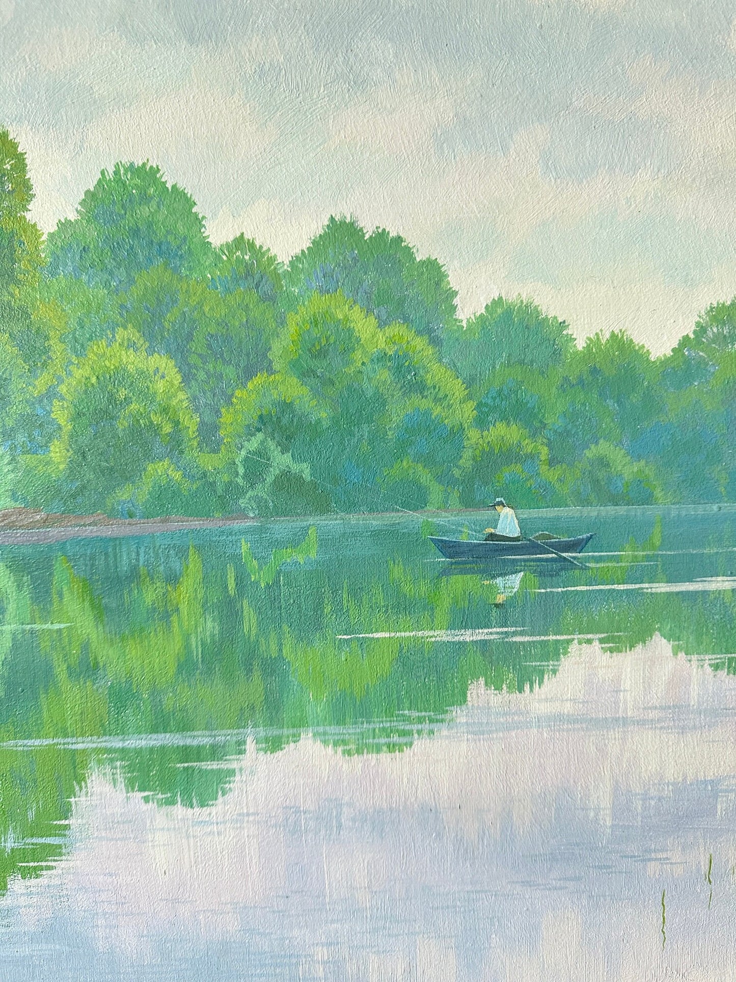 VINTAGE ORIGINAL PAINTING, oil painting, vintage realism, impressionism, landscape, Spring morning, Fishing, artist V. Savenets