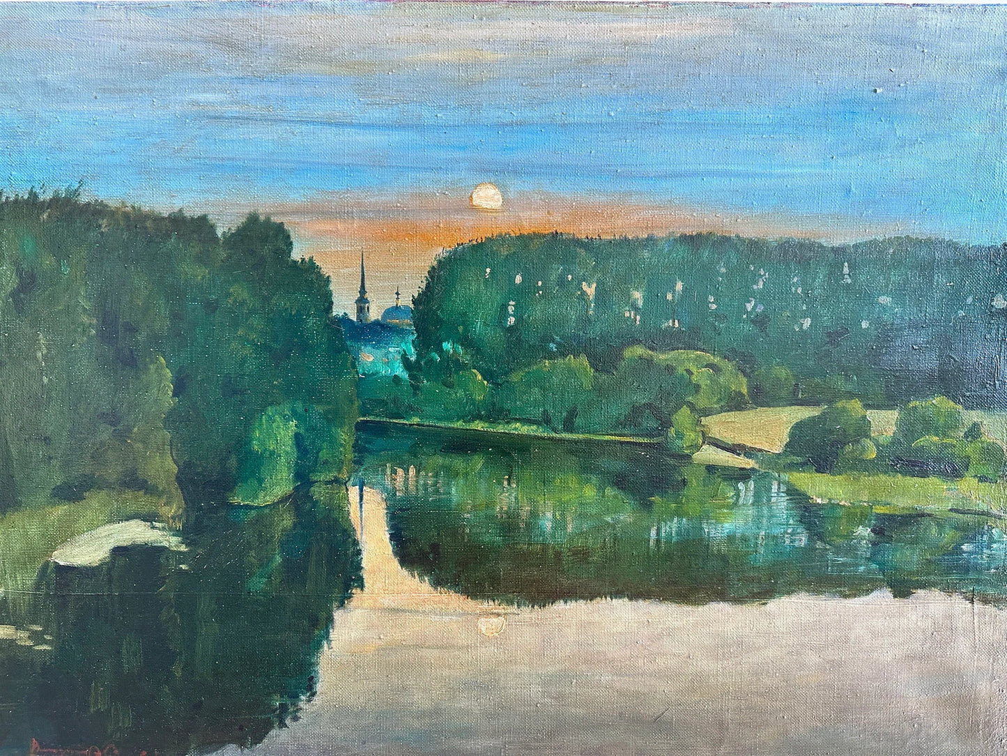 VINTAGE ORIGINAL PAINTING, oil painting, ukrainian painting, impressionism, landscape, Morning, Sunrise, artist V. Sizov