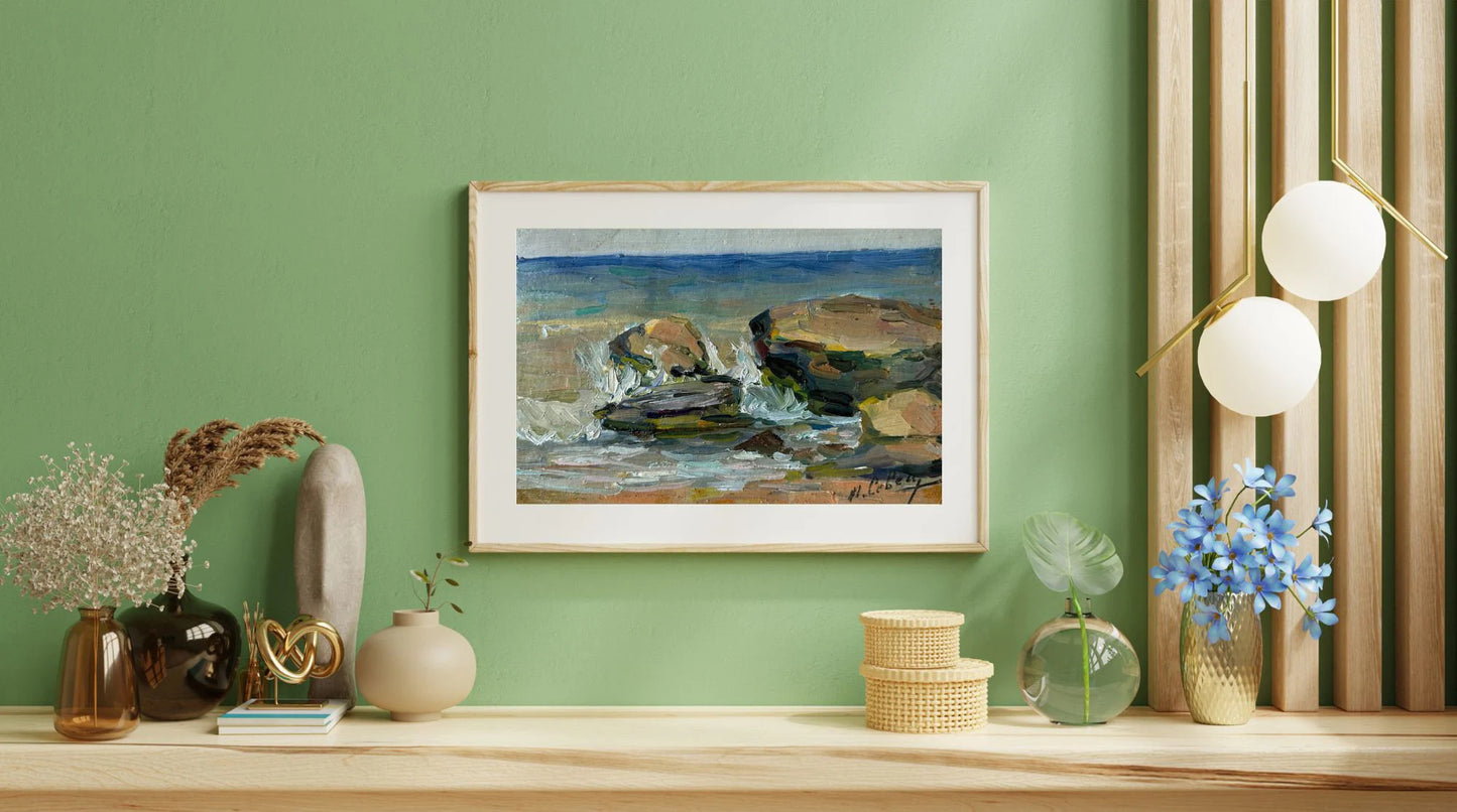 VINTAGE ORIGINAL PAINTING, oil painting, ukrainian painting, impressionism, landscape, Seascape, Rocky Shore, artist V. Sevets