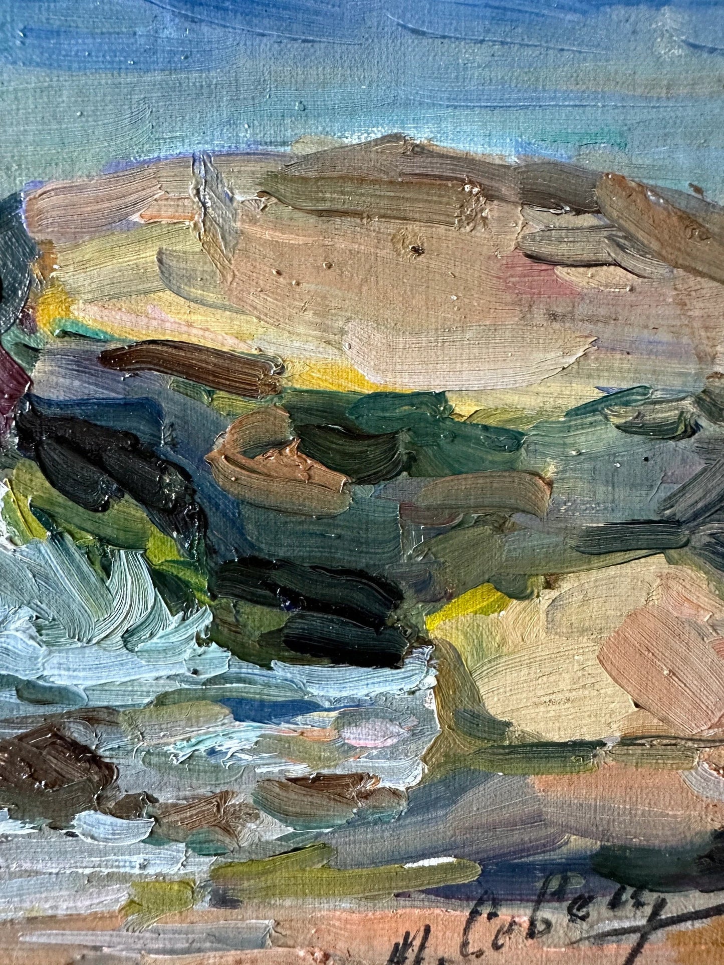 VINTAGE ORIGINAL PAINTING, oil painting, ukrainian painting, impressionism, landscape, Seascape, Rocky Shore, artist V. Sevets