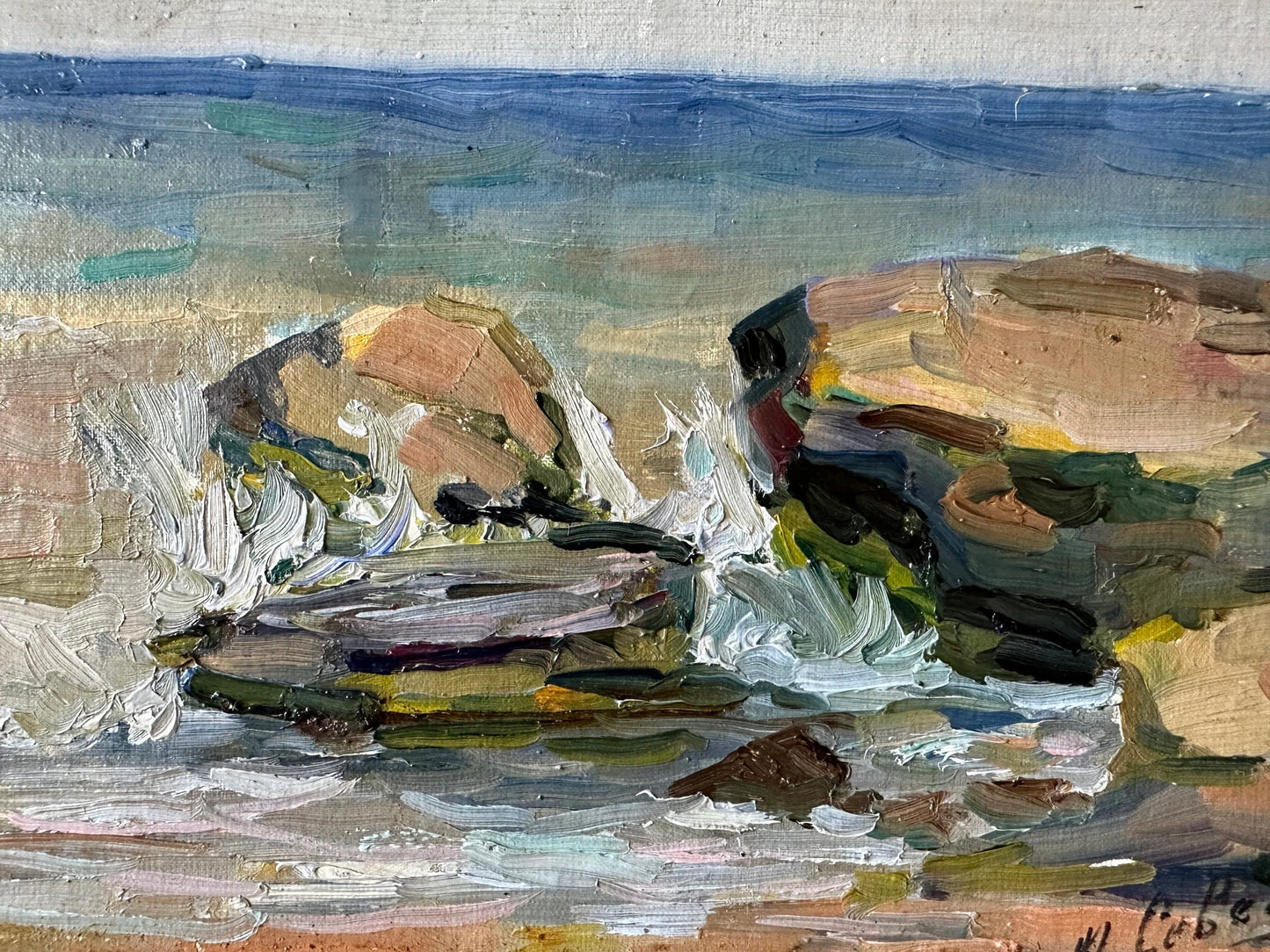 VINTAGE ORIGINAL PAINTING, oil painting, ukrainian painting, impressionism, landscape, Seascape, Rocky Shore, artist V. Sevets