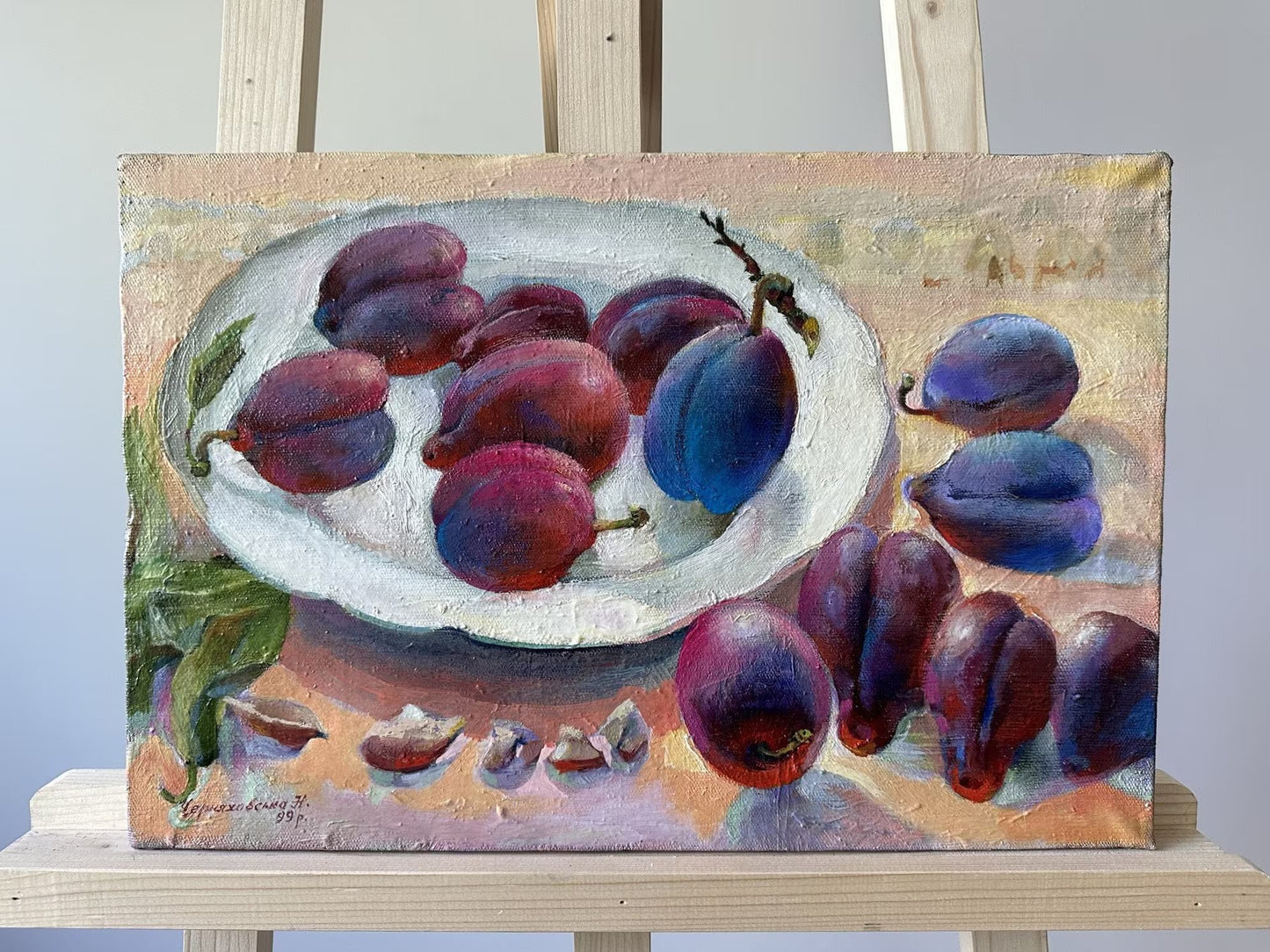 Original painting, gift, ukrainian painting, wall painting, portrait, landscape, still life, Plums on the table, artist N. Chernyakhovskaya