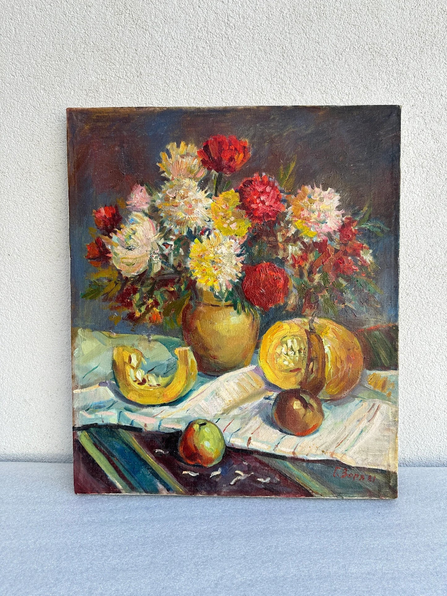 VINTAGE ORIGINAL PAINTING, oil painting, vintage realism, modern painting, still life, Autumn flowers, artist G. Zorya