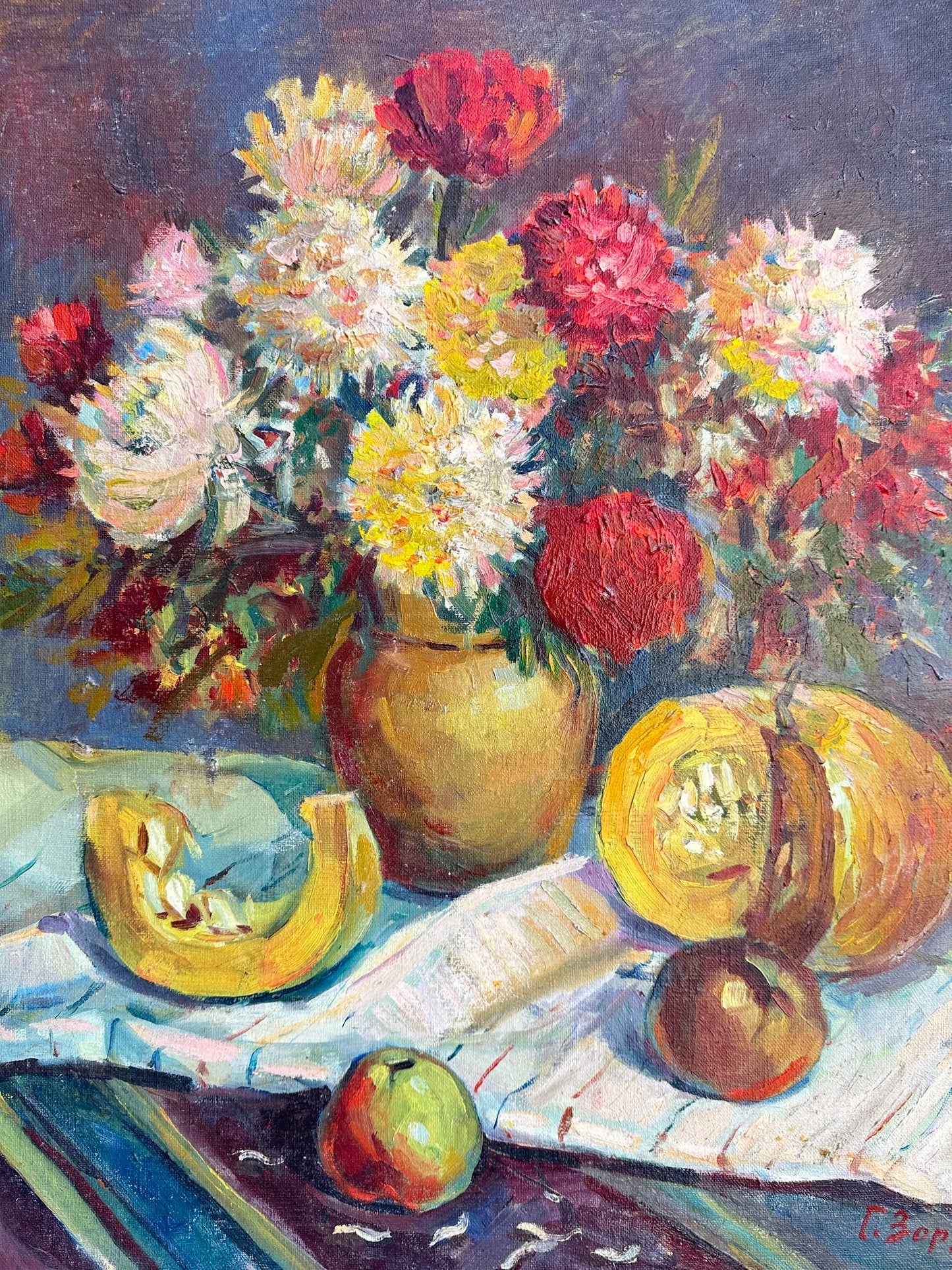 VINTAGE ORIGINAL PAINTING, oil painting, vintage realism, modern painting, still life, Autumn flowers, artist G. Zorya