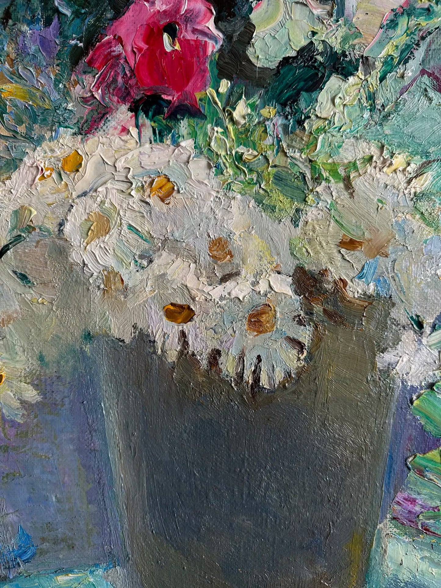 VINTAGE ORIGINAL PAINTING, oil painting, vintage realism, impressionism, still life, Flowers, Daisies and mallows, artist O. Titarenko