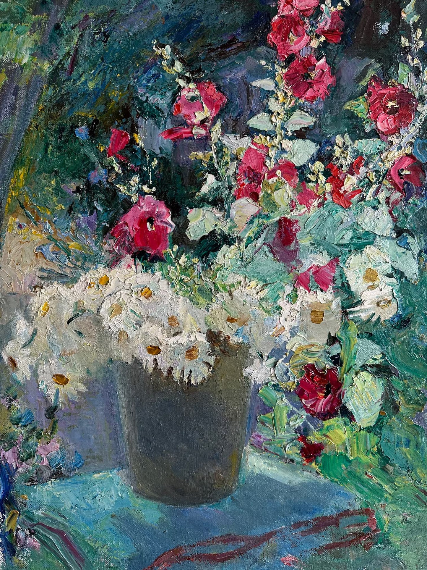 VINTAGE ORIGINAL PAINTING, oil painting, vintage realism, impressionism, still life, Flowers, Daisies and mallows, artist O. Titarenko