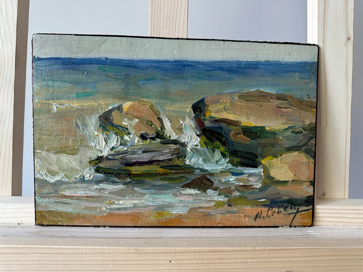 VINTAGE ORIGINAL PAINTING, oil painting, ukrainian painting, impressionism, landscape, Seascape, Rocky Shore, artist V. Sevets