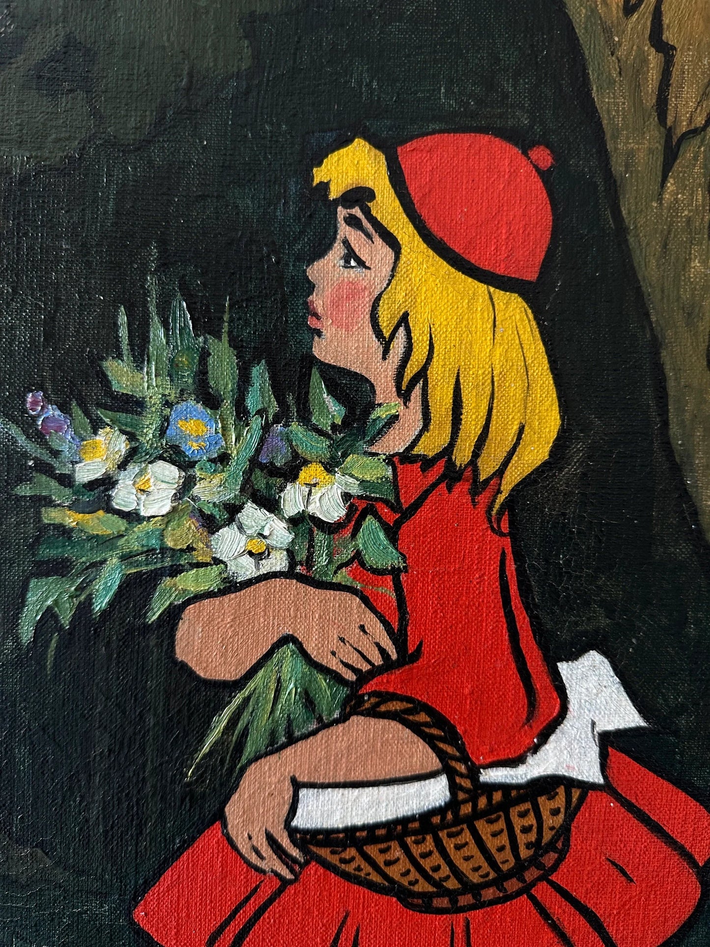 Oil painting, original vintage paint, children room wall art, fairy tale, Little Red Riding Hood, artist L. Ivanitskaya