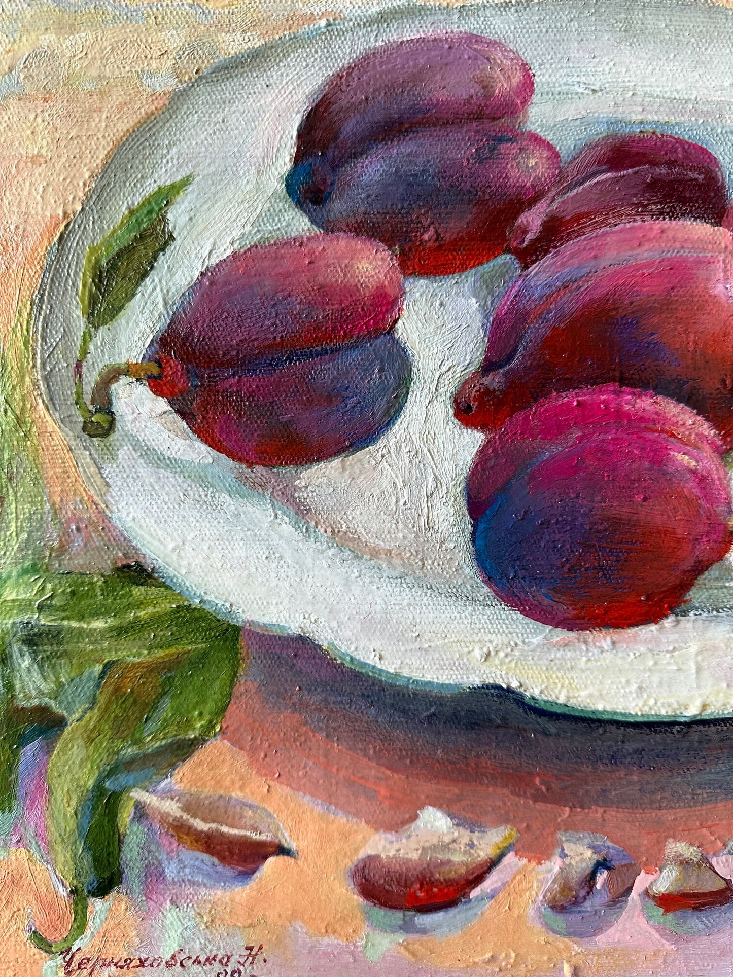 Original painting, gift, ukrainian painting, wall painting, portrait, landscape, still life, Plums on the table, artist N. Chernyakhovskaya