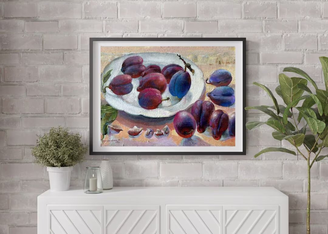 Original painting, gift, ukrainian painting, wall painting, portrait, landscape, still life, Plums on the table, artist N. Chernyakhovskaya