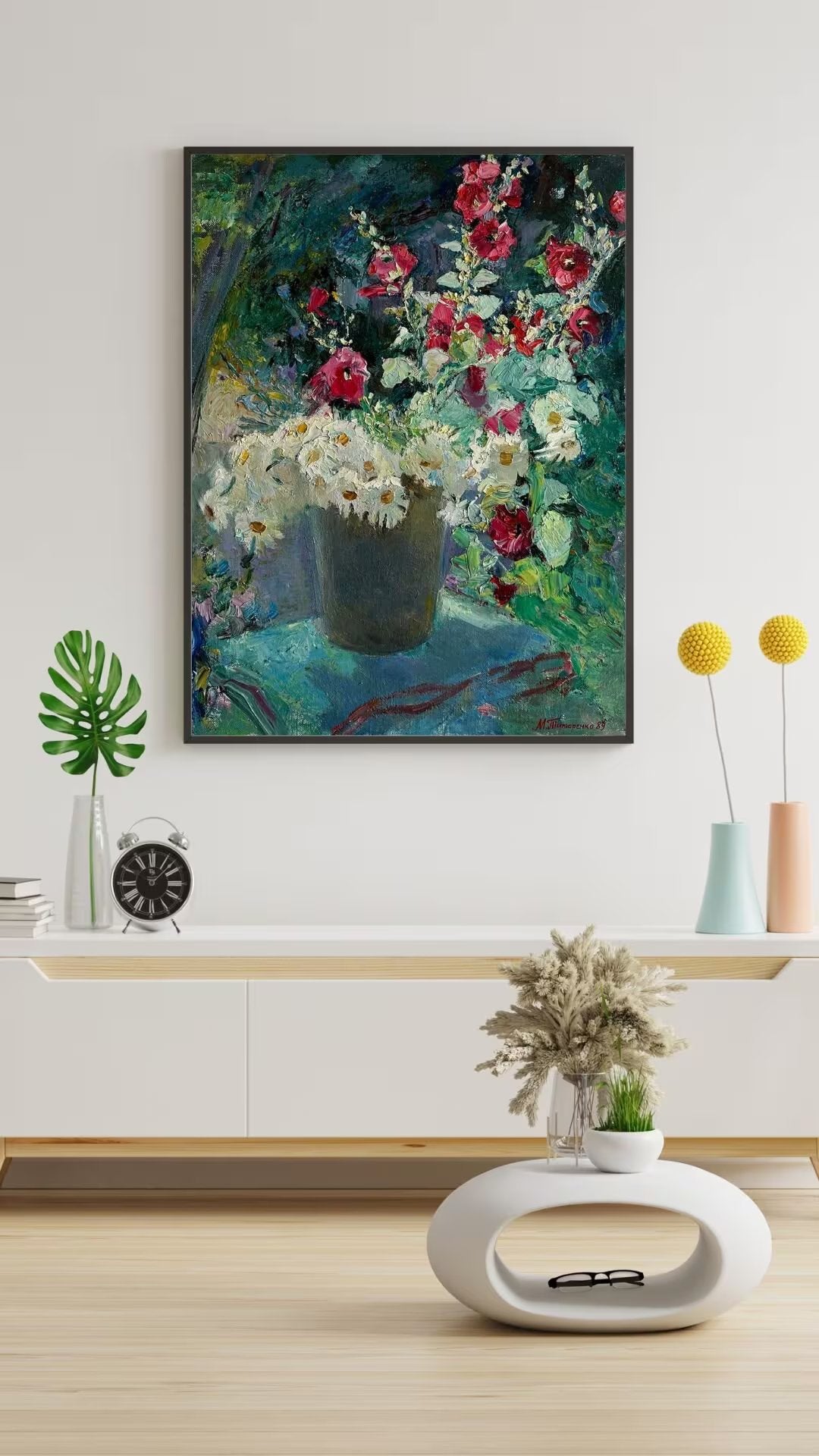 VINTAGE ORIGINAL PAINTING, oil painting, vintage realism, impressionism, still life, Flowers, Daisies and mallows, artist O. Titarenko