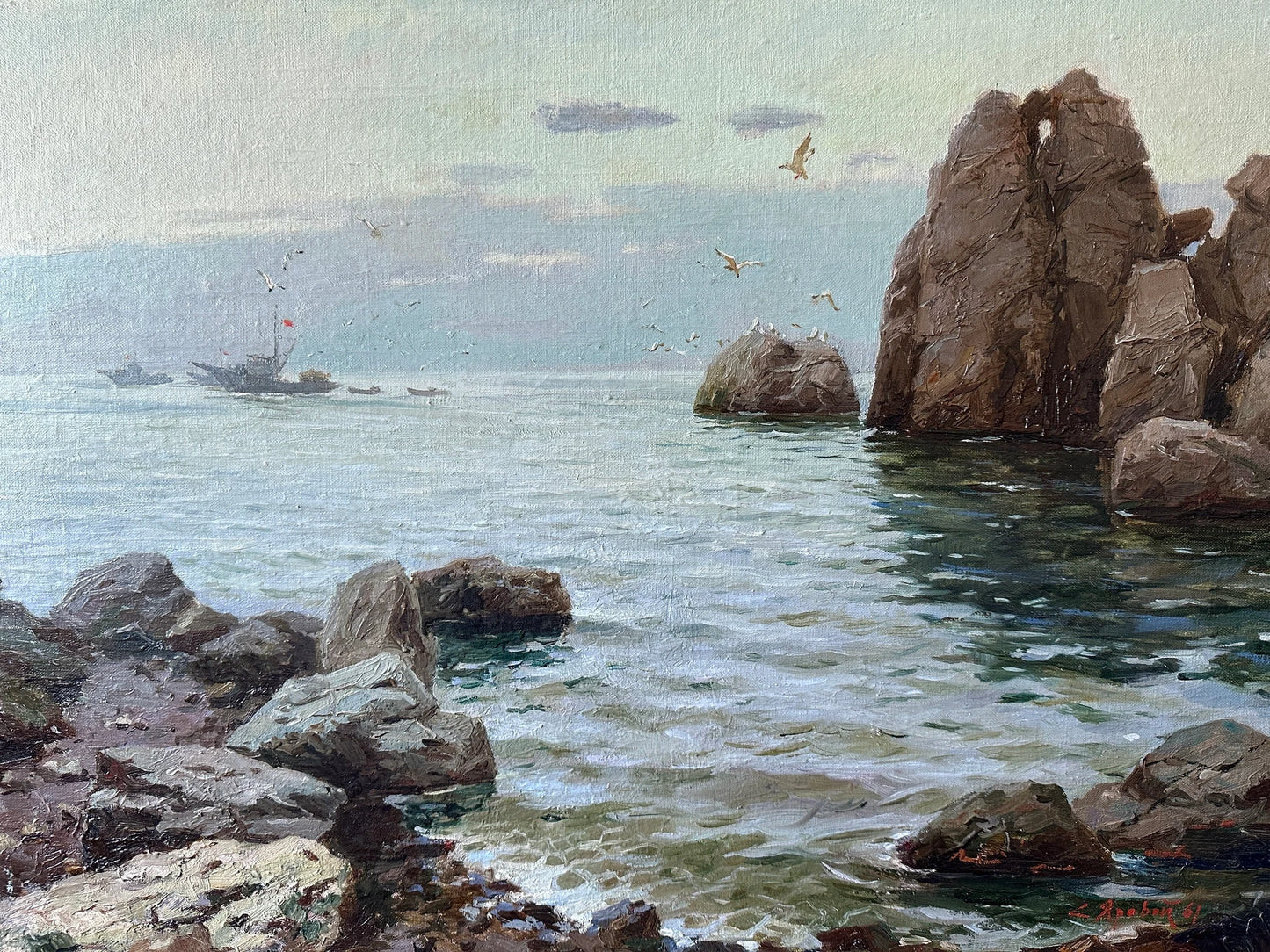 VINTAGE ORIGINAL PAINTING, oil painting, ukrainian painting, impressionism, landscape, Seascape, Rocky Shore, artist S. Yarovoy