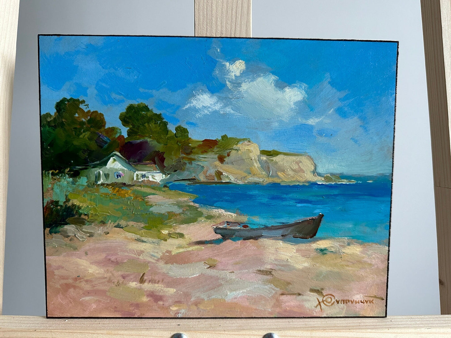 ORIGINAL PAINTING, modern painting, oil painting, impressionism, landscape, seascape, Boats on the seashore, artist Y. Suprunchuk