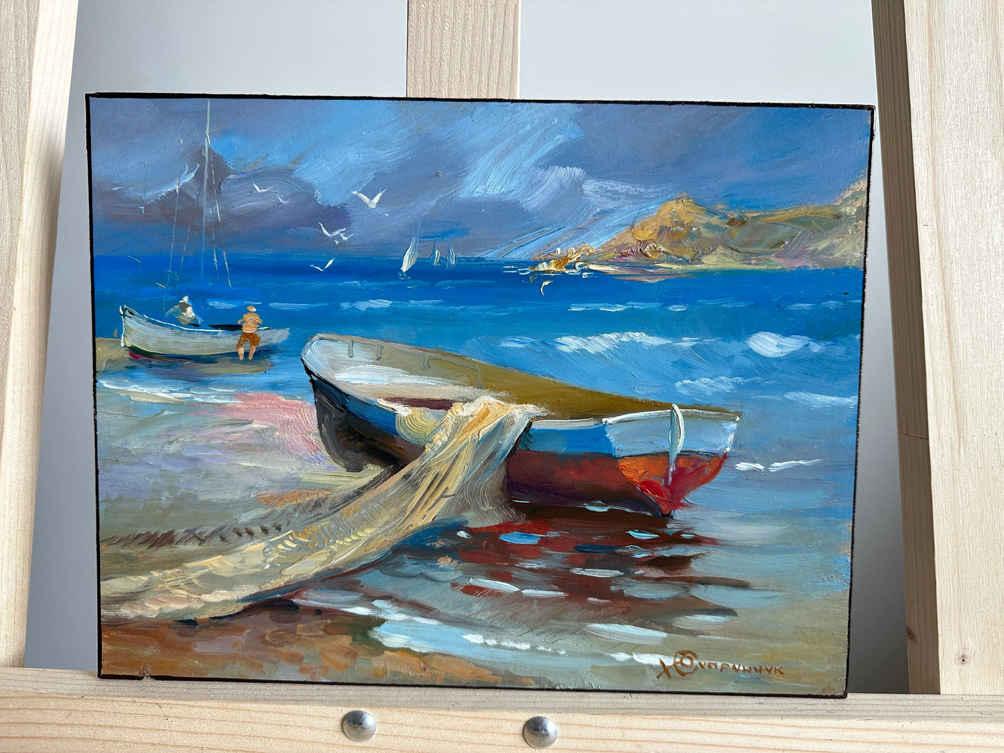 ORIGINAL PAINTING, modern painting, oil painting, impressionism, landscape, seascape, Boat on the seashore,  artist Y. Suprunchuk