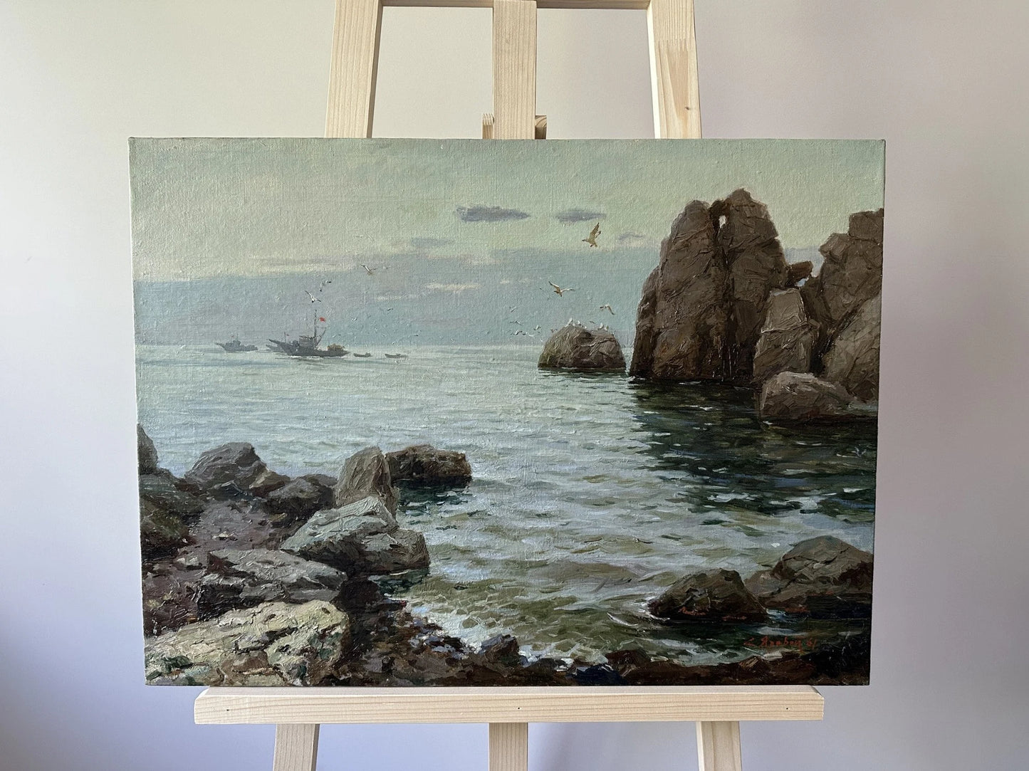 VINTAGE ORIGINAL PAINTING, oil painting, ukrainian painting, impressionism, landscape, Seascape, Rocky Shore, artist S. Yarovoy