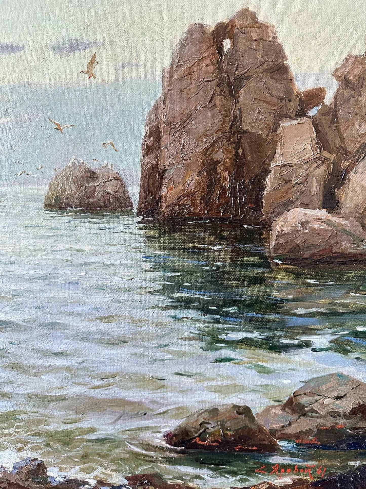 VINTAGE ORIGINAL PAINTING, oil painting, ukrainian painting, impressionism, landscape, Seascape, Rocky Shore, artist S. Yarovoy