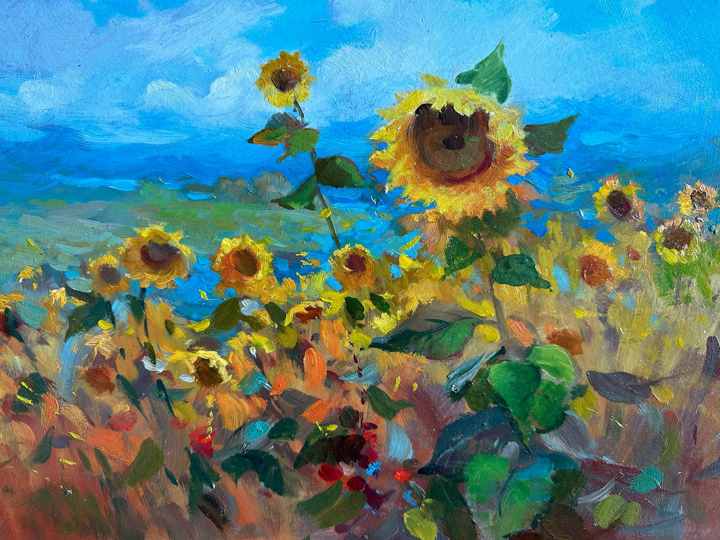 ORIGINAL PAINTING, modern painting, oil painting, impressionism, landscape, rural landscape, Field of sunflowers, artist Y. Suprunchuk