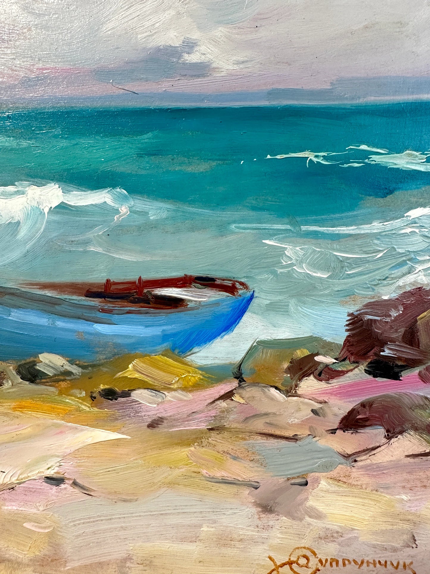 ORIGINAL PAINTING, modern painting, oil painting, impressionism, landscape, seascape, Boat on the seashore,  artist Y. Suprunchuk