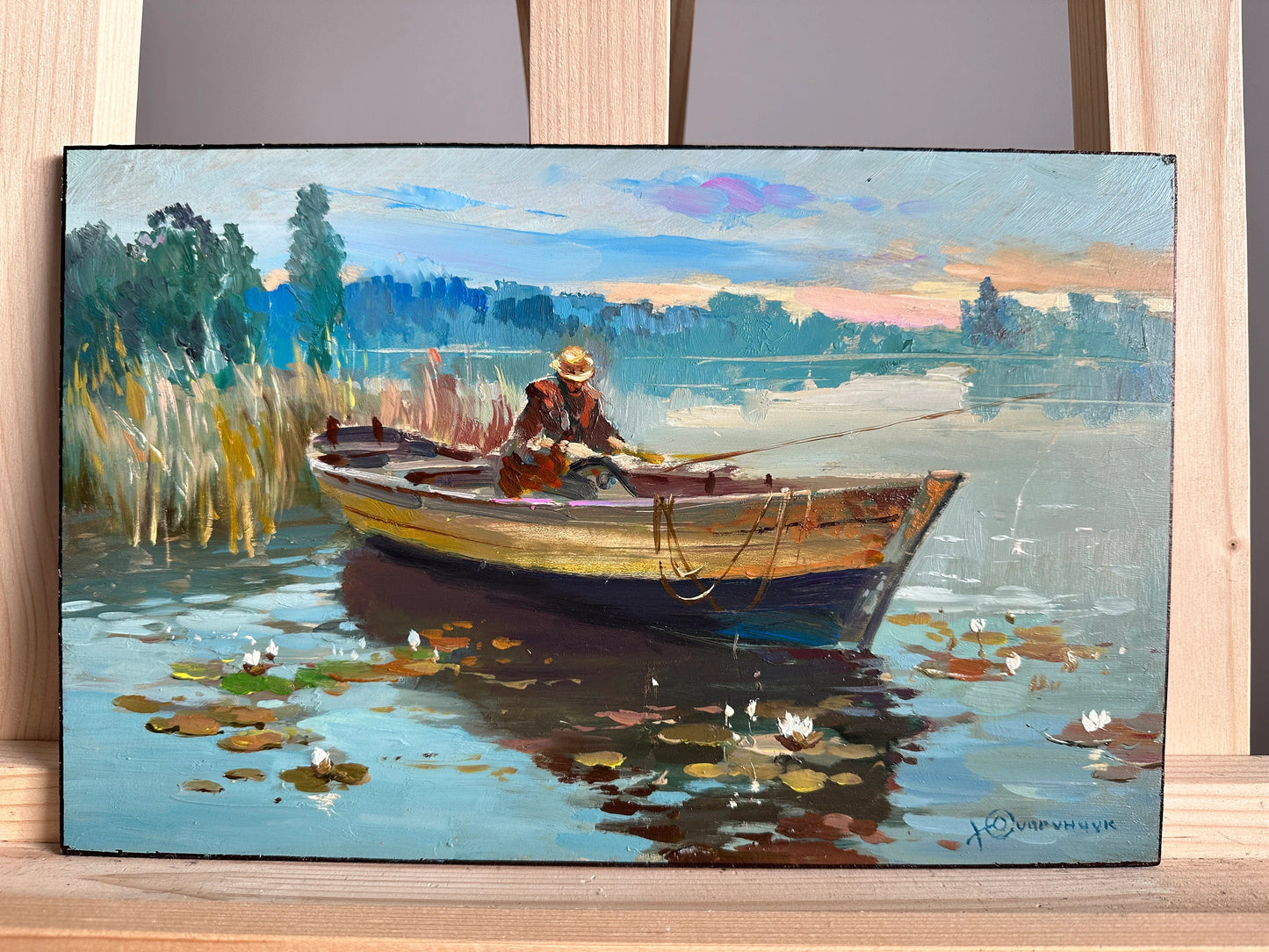 ORIGINAL PAINTING, modern painting, oil painting, impressionism, landscape, rural landscape, Morning fishing, artist Yu. Suprunchuk