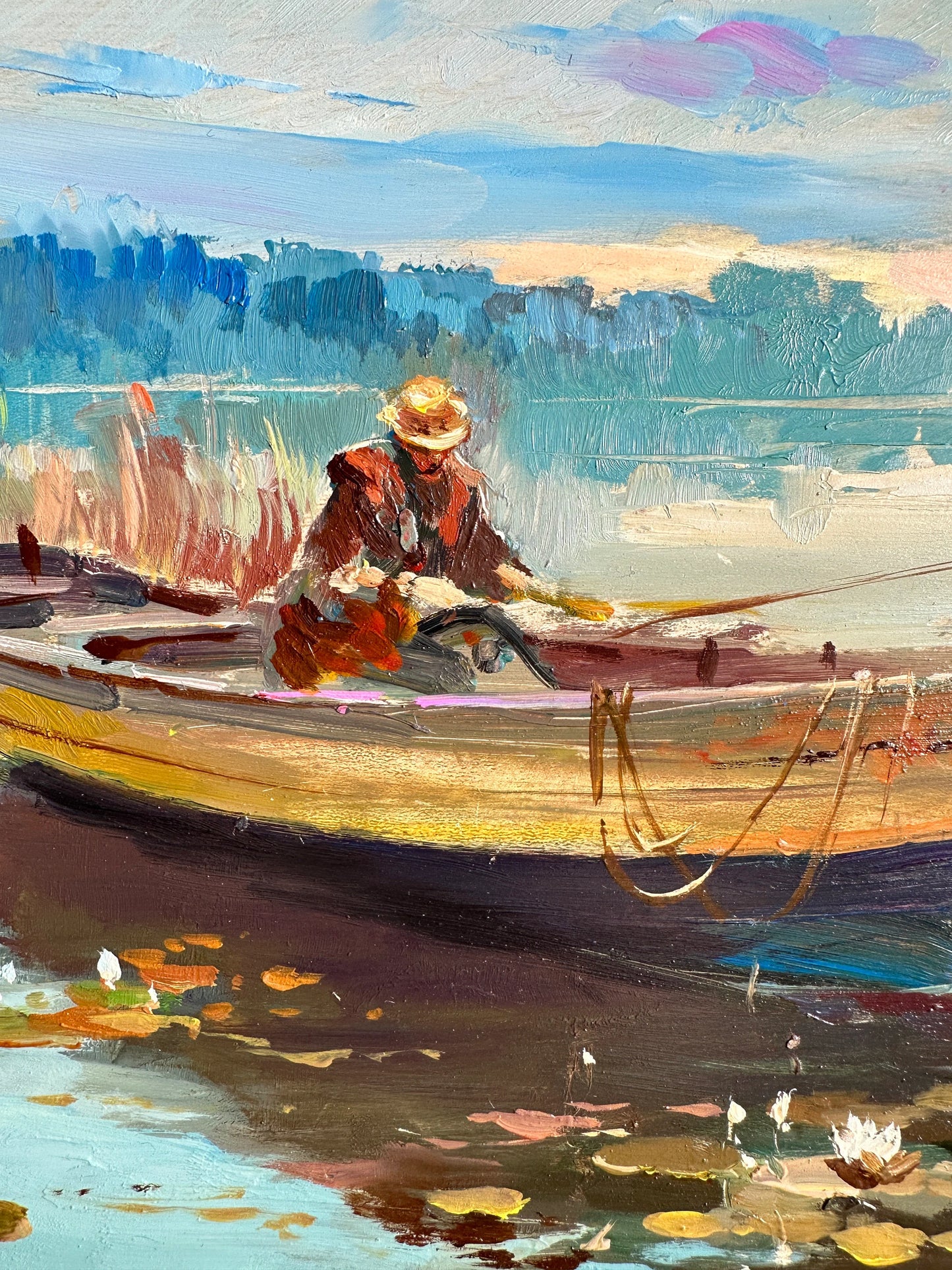 ORIGINAL PAINTING, modern painting, oil painting, impressionism, landscape, rural landscape, Morning fishing, artist Yu. Suprunchuk