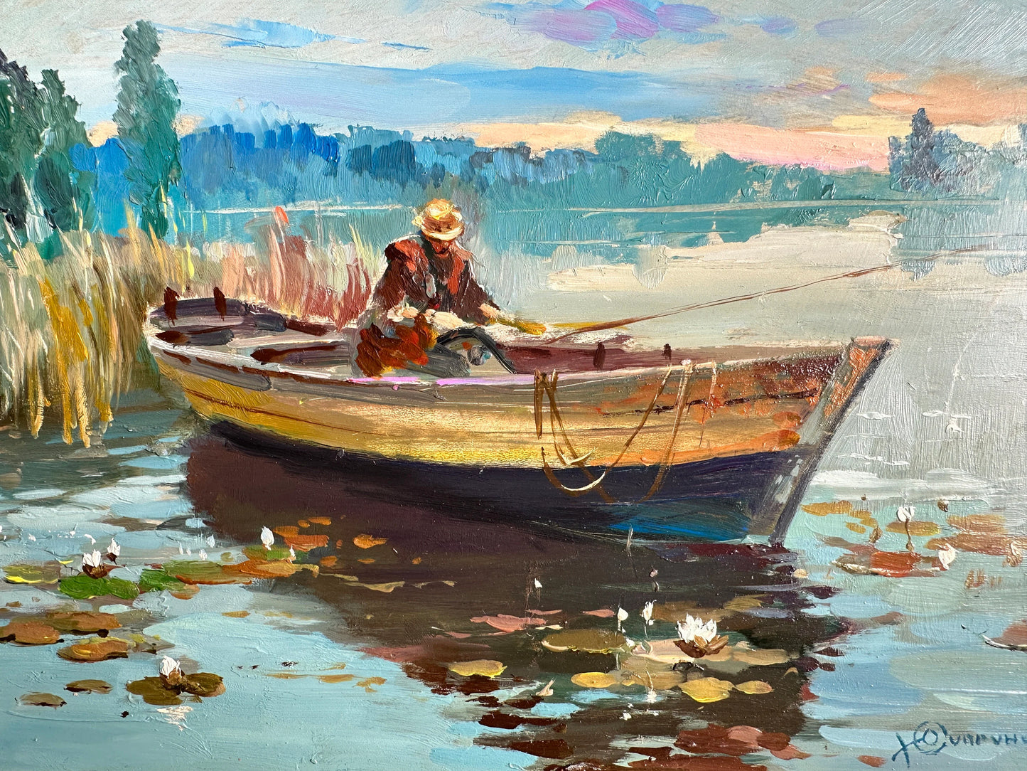 ORIGINAL PAINTING, modern painting, oil painting, impressionism, landscape, rural landscape, Morning fishing, artist Yu. Suprunchuk