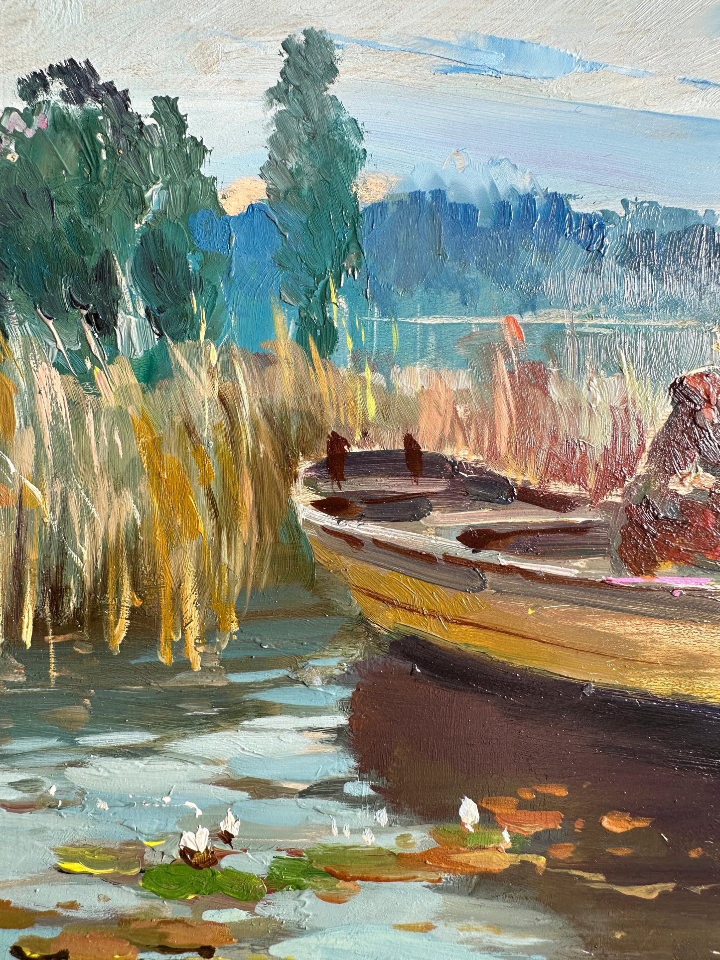 ORIGINAL PAINTING, modern painting, oil painting, impressionism, landscape, rural landscape, Morning fishing, artist Yu. Suprunchuk