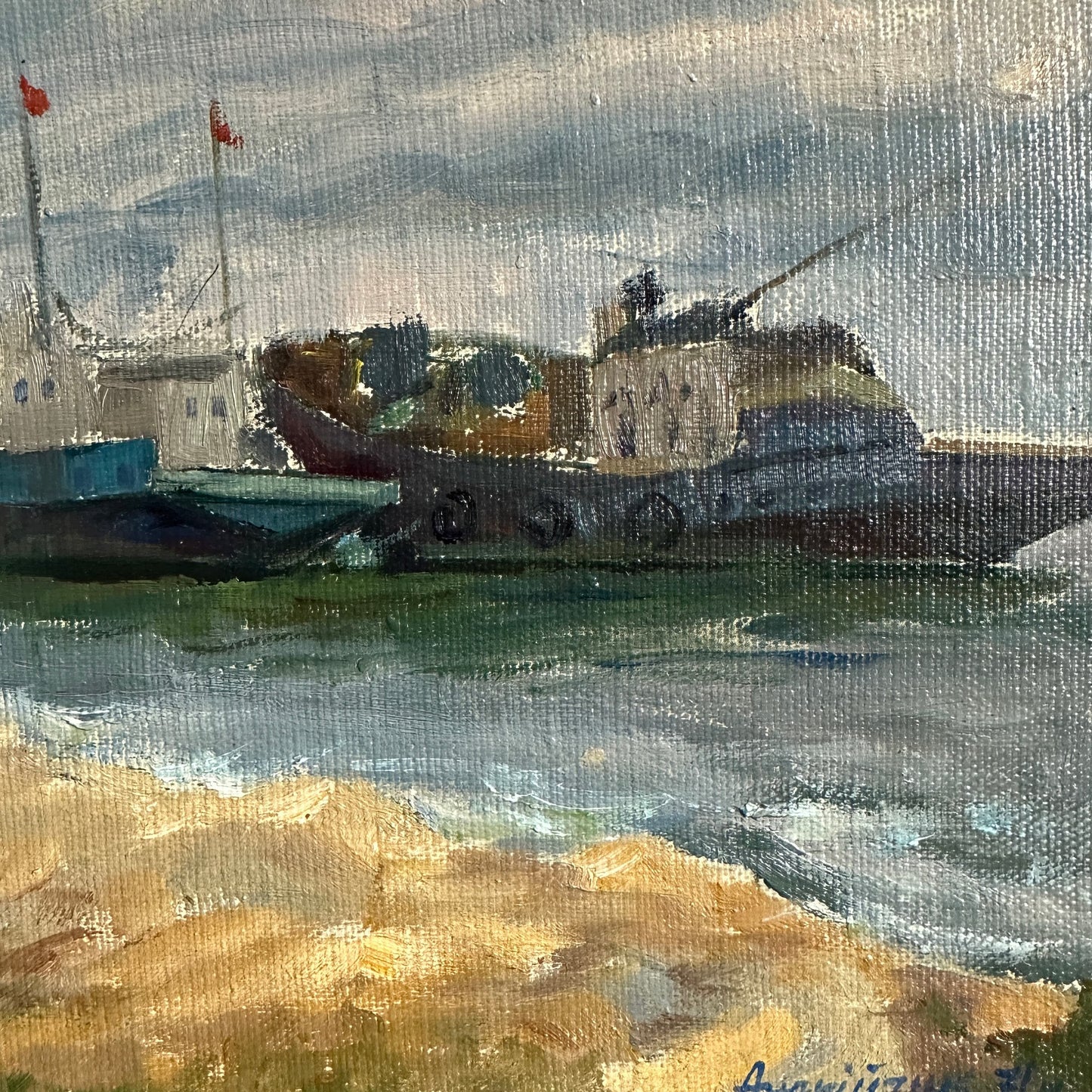 Original painting, ukrainian painting, vintage, wall art, impressionism, landscape, Ship on the shore, artist M. Andriychuk