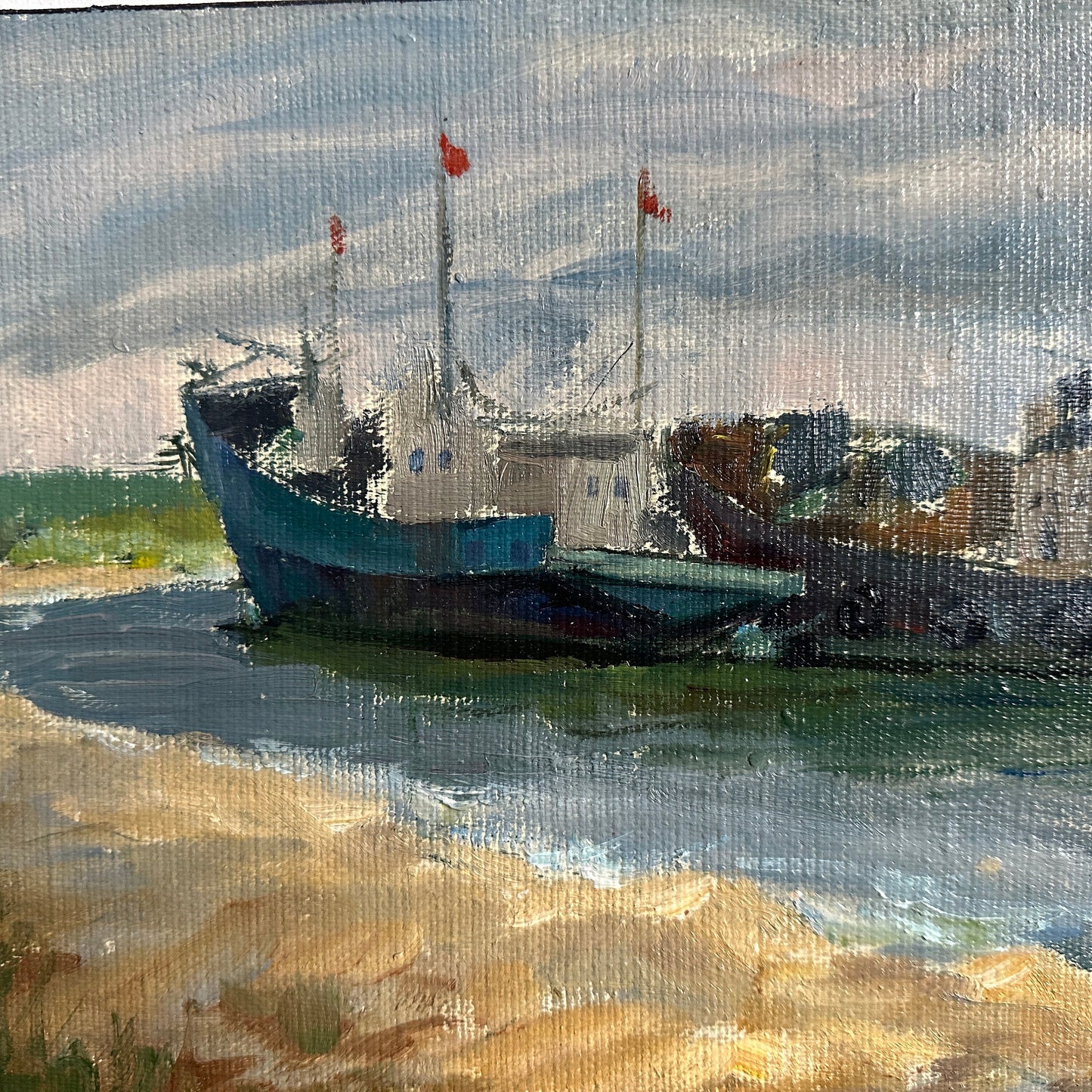 Original painting, ukrainian painting, vintage, wall art, impressionism, landscape, Ship on the shore, artist M. Andriychuk