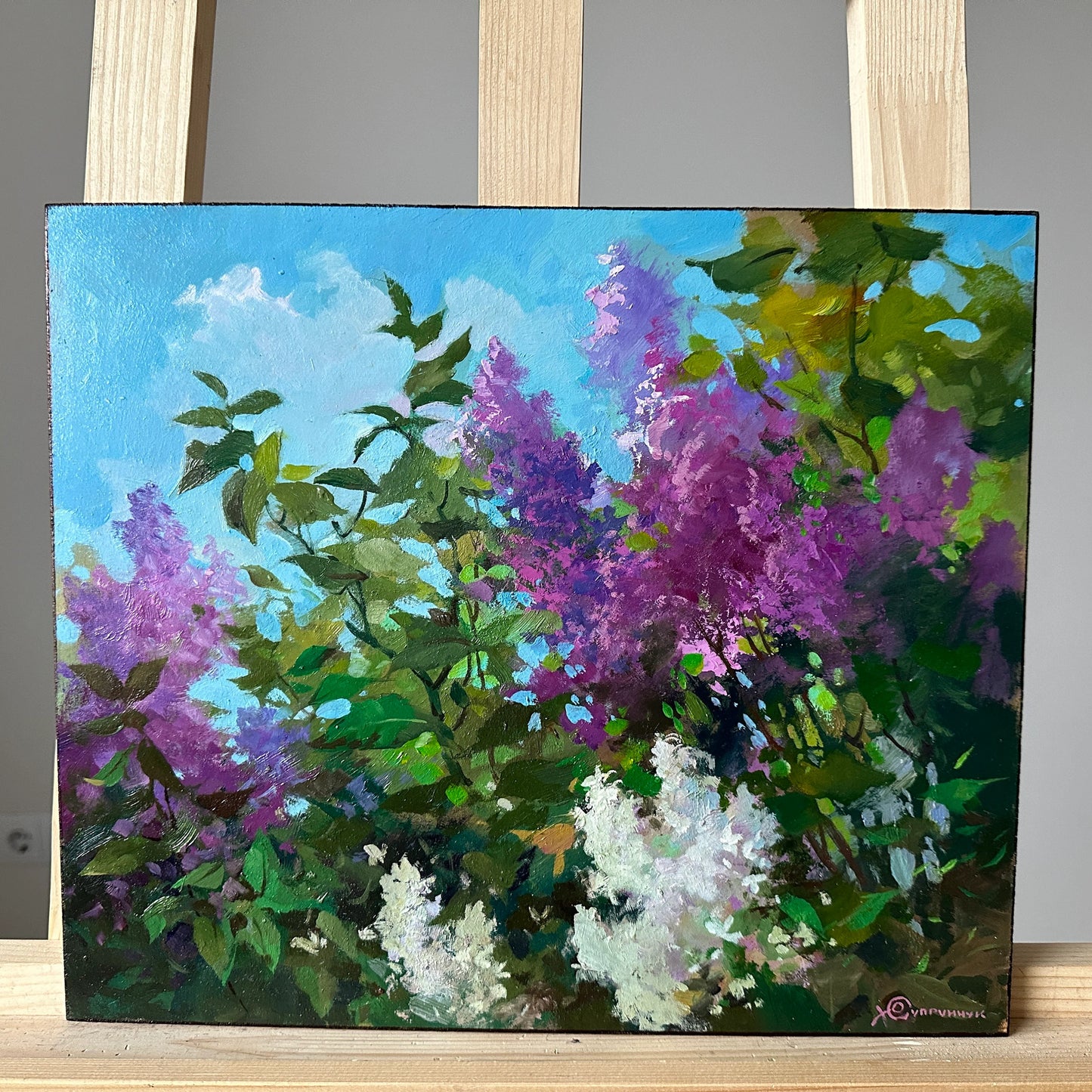 ORIGINAL PAINTING, modern painting, oil painting, impressionism, landscape, rural landscape, Spring bloom, Lilac, artist Yu. Suprunchuk