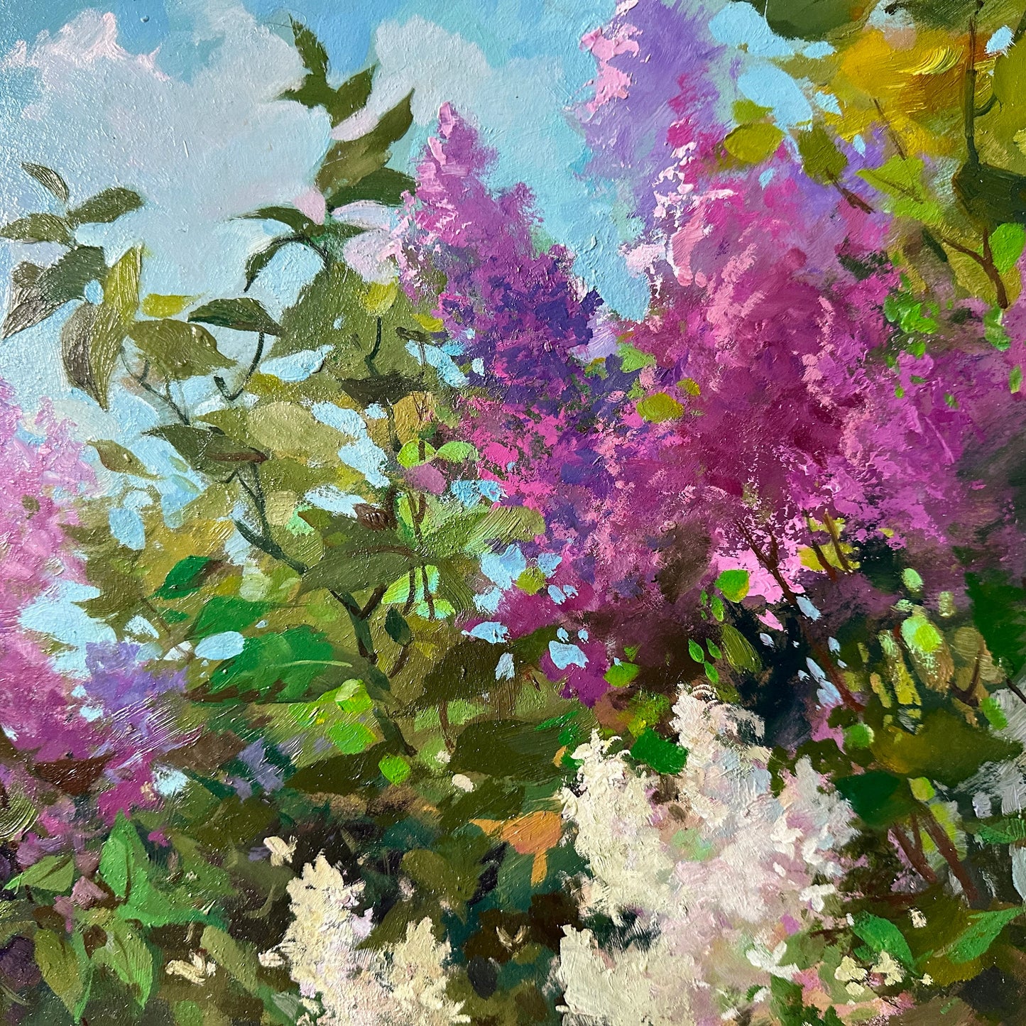 ORIGINAL PAINTING, modern painting, oil painting, impressionism, landscape, rural landscape, Spring bloom, Lilac, artist Yu. Suprunchuk