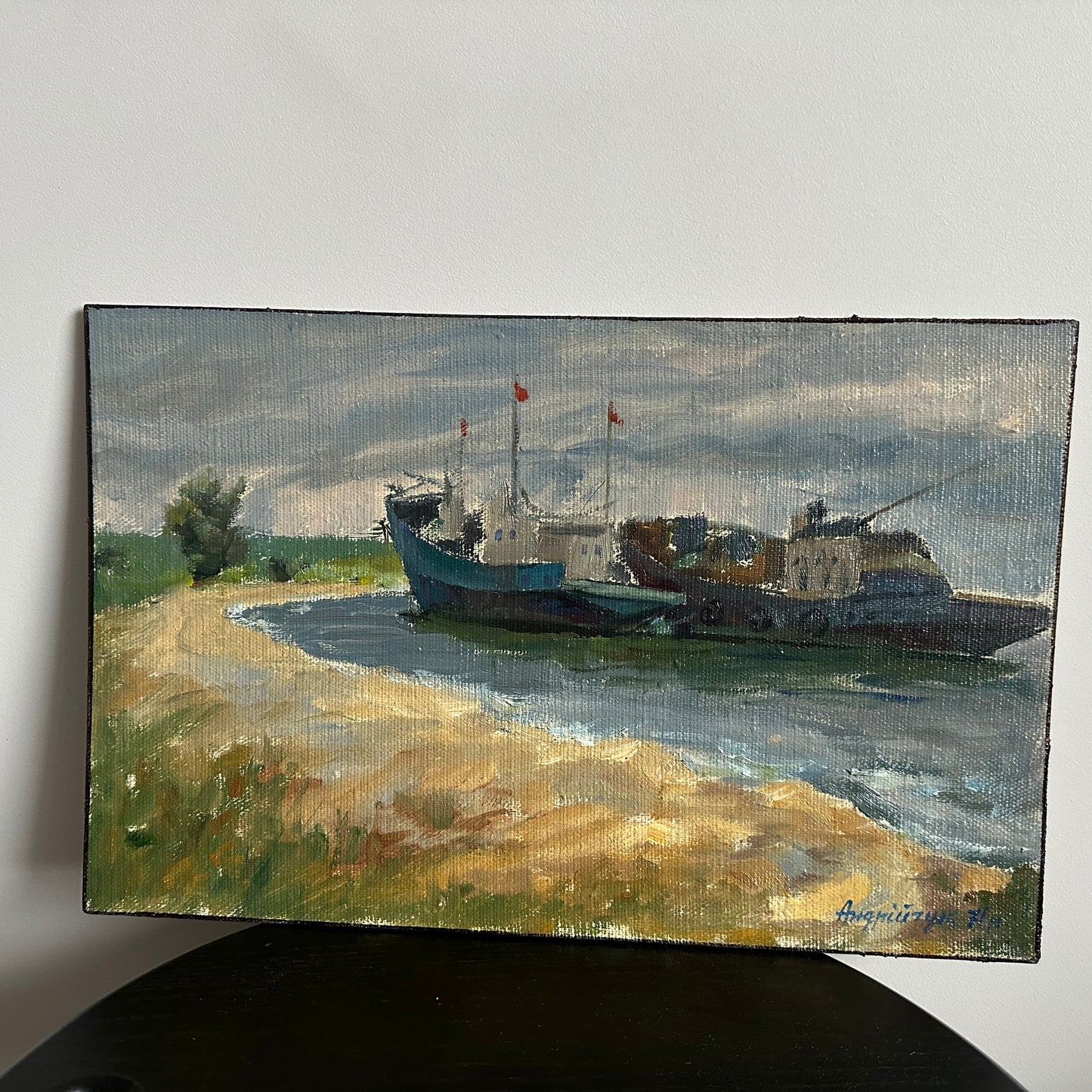 Original painting, ukrainian painting, vintage, wall art, impressionism, landscape, Ship on the shore, artist M. Andriychuk