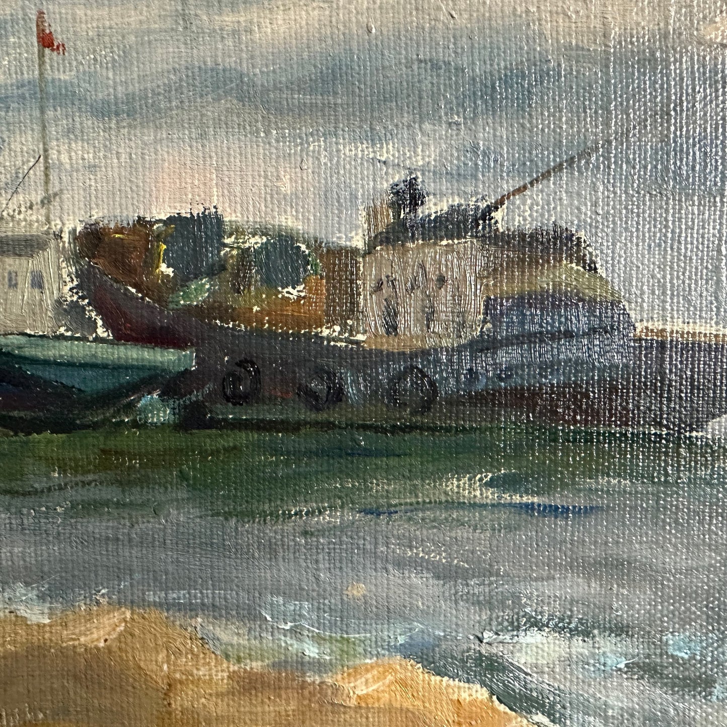 Original painting, ukrainian painting, vintage, wall art, impressionism, landscape, Ship on the shore, artist M. Andriychuk