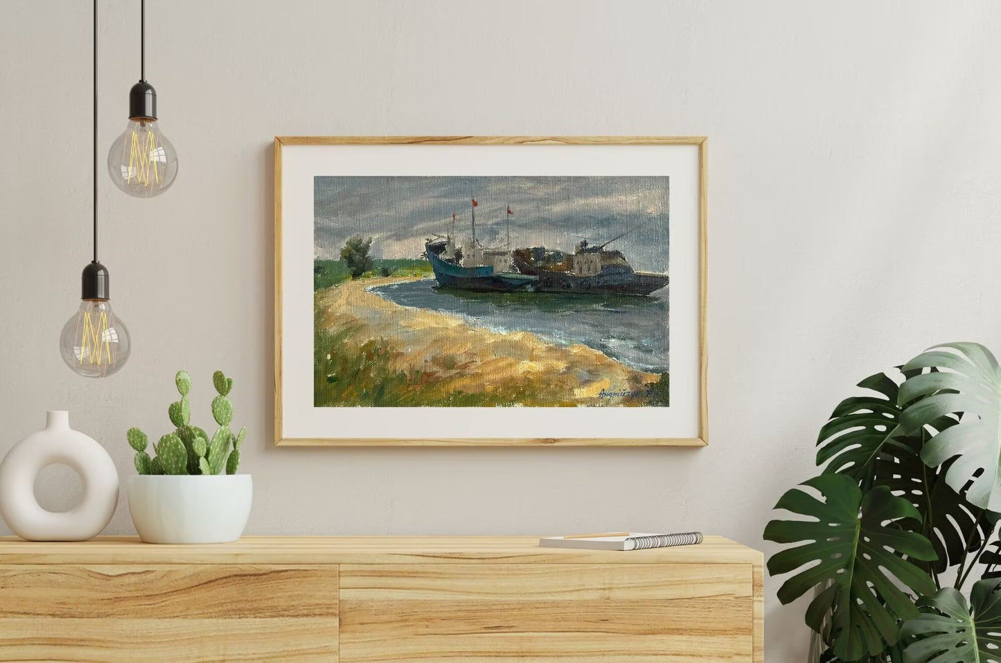 Original painting, ukrainian painting, vintage, wall art, impressionism, landscape, Ship on the shore, artist M. Andriychuk