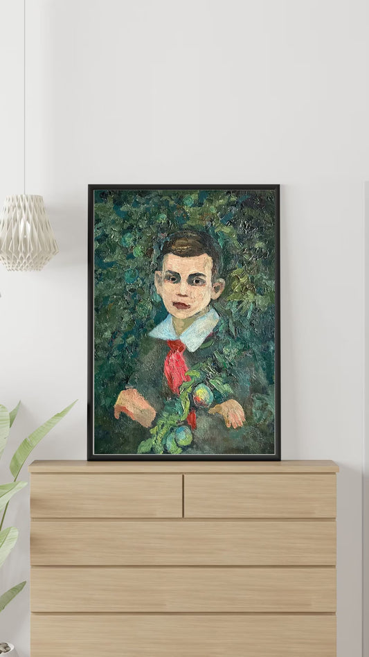 VINTAGE ORIGINAL PAINTING, oil painting, socialist realism, portrait, Portrait of a man, Guy in the garden, artist B. Nekrasov