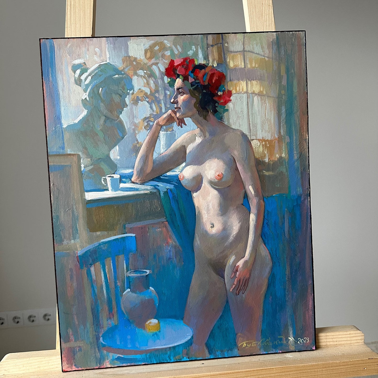 ORIGINAL PAINTING, modern painting, oil painting, impressionism, portrait, female portrait, nude, Near the window, artist N. Butkovsky