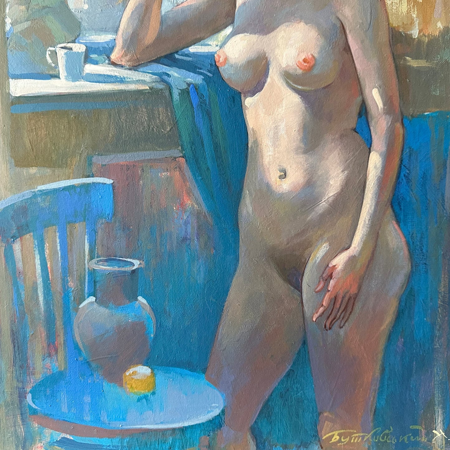 ORIGINAL PAINTING, modern painting, oil painting, impressionism, portrait, female portrait, nude, Near the window, artist N. Butkovsky